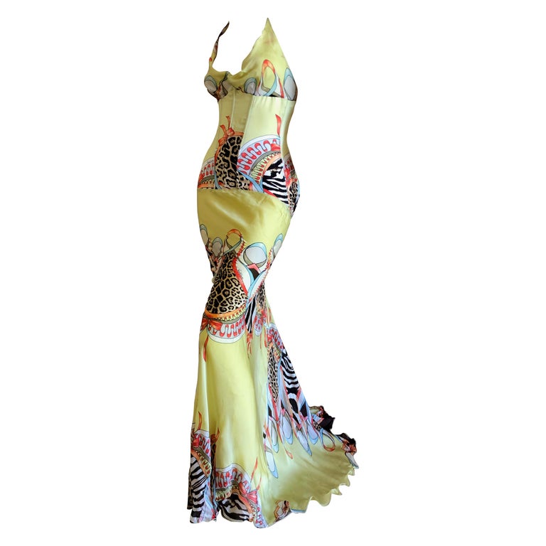 Roberto Cavalli Vintage Animal Print Full Corset Evening Dress with Train