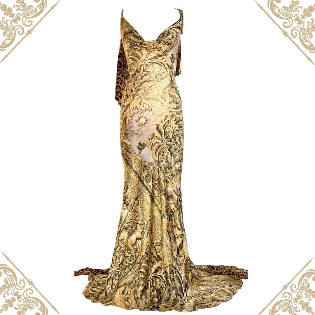 Roberto Cavalli Vestido de noche vintage con logotipo barroco dorado S/S 2000 Talla L -  Este vestido de noche es una talla grande vintage y está cortado al bies.   Medidas: Cintura: 28