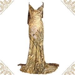Roberto Cavalli Vintage Baroque Gold Logo Evening Gown Dress S/S 2000 Size L