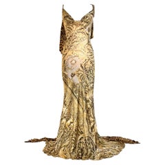 Roberto Cavalli Vintage Barockes Abendkleid mit goldenem Logo in Gold F/S 2000 Größe L