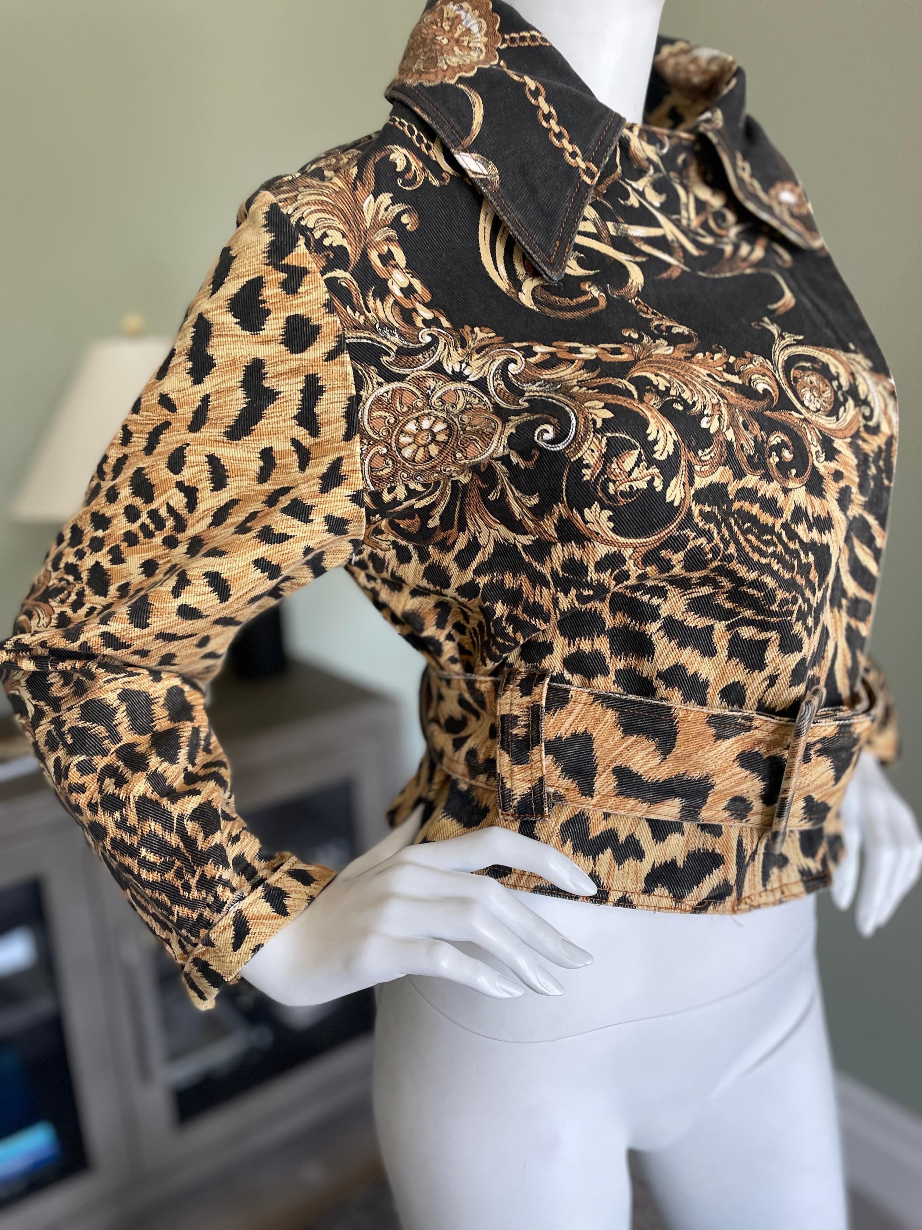 Roberto Cavalli Vintage Baroque Leopard Pattern Denim Motorcycle Jacket For Sale 6