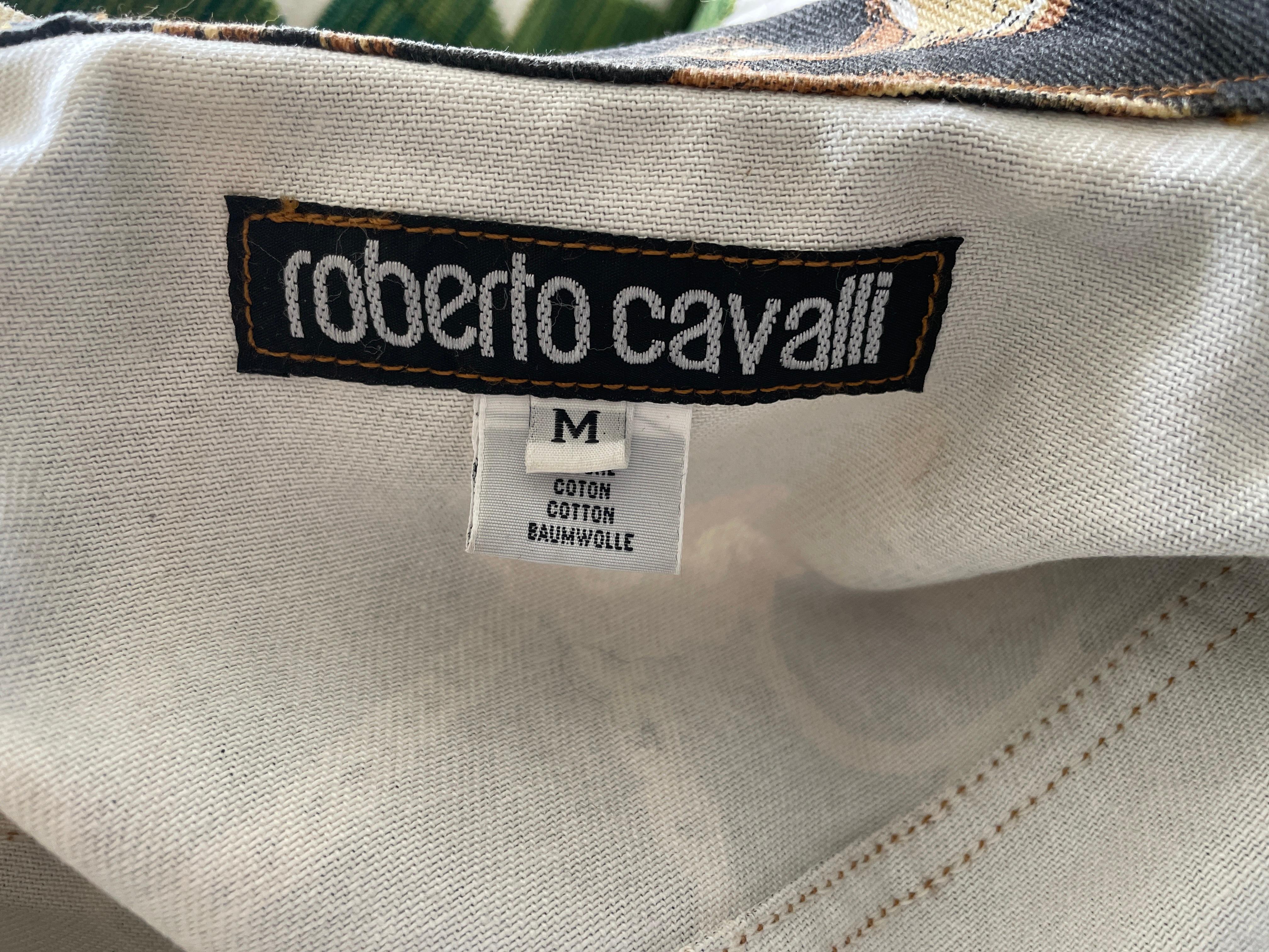Roberto Cavalli Vintage Baroque Leopard Pattern Denim Motorcycle Jacket For Sale 7
