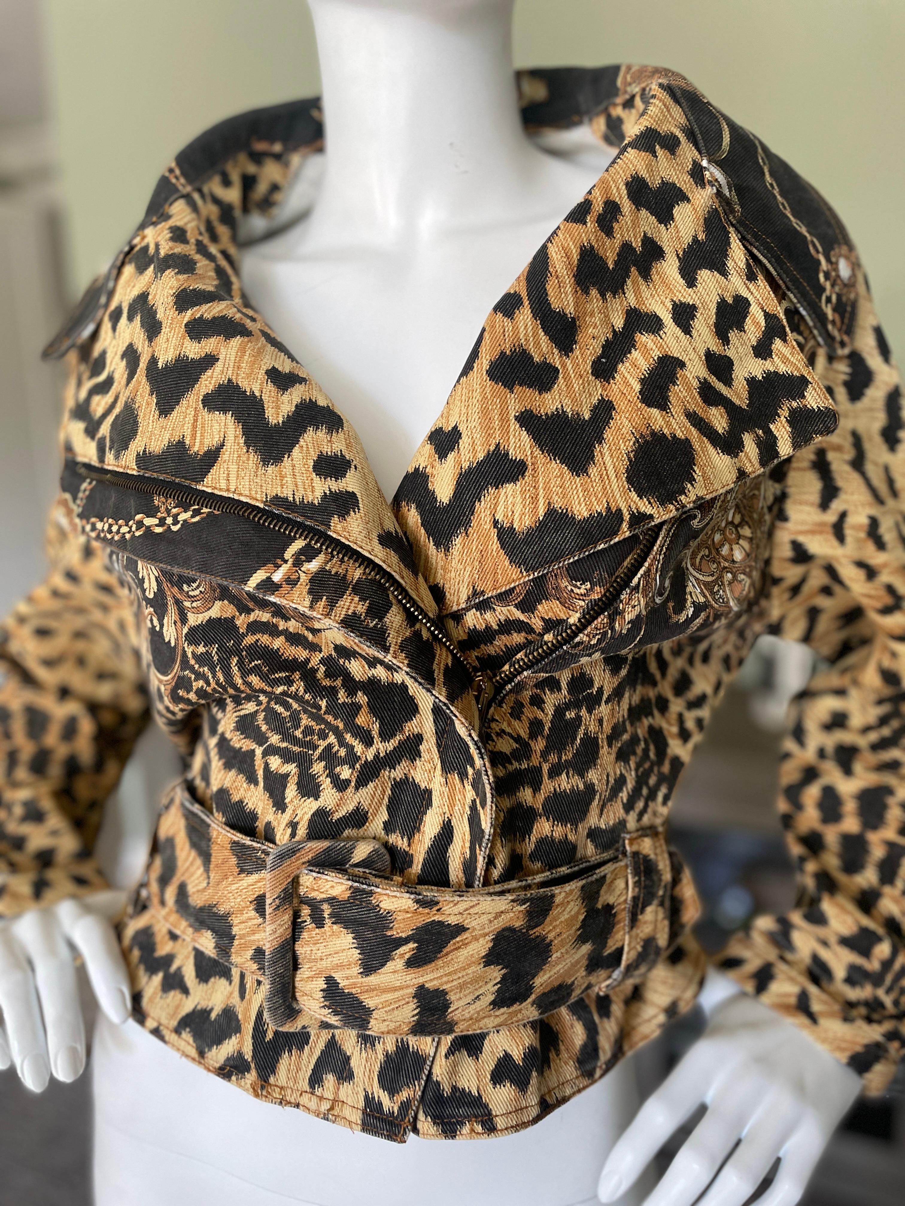 Roberto Cavalli Vintage Baroque Leopard Pattern Denim Motorcycle Jacket.
Size M
 Bust 40