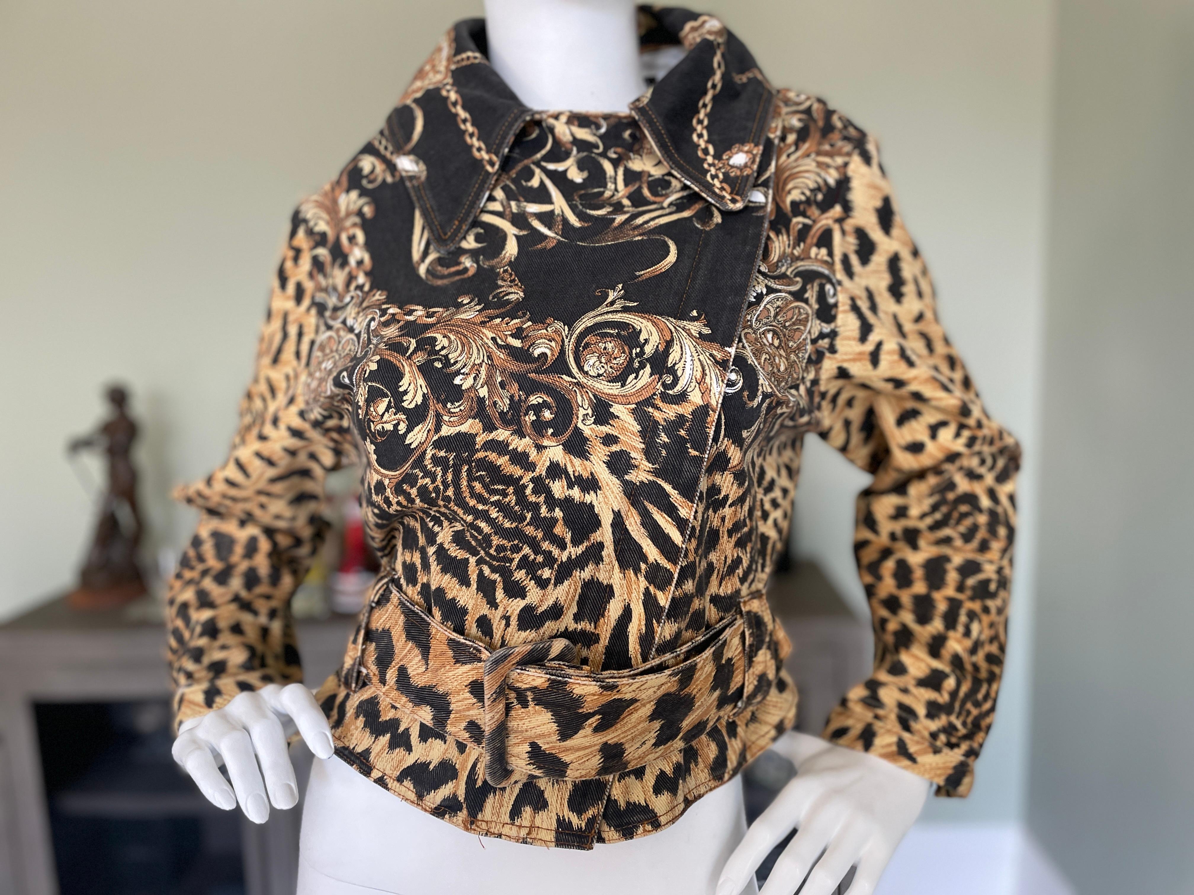Roberto Cavalli Vintage Baroque Leopard Pattern Denim Motorcycle Jacket In Good Condition For Sale In Cloverdale, CA