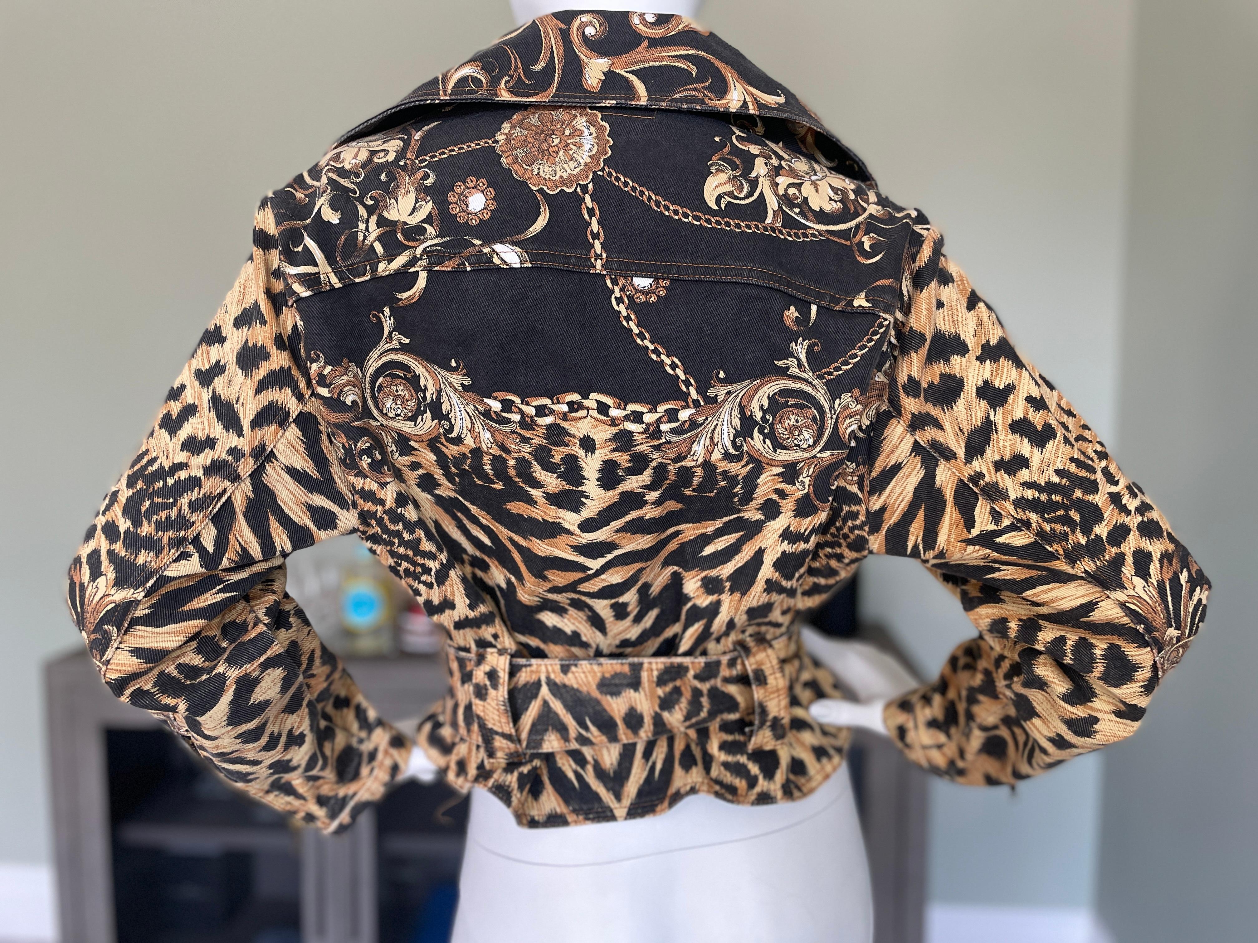 Women's Roberto Cavalli Vintage Baroque Leopard Pattern Denim Motorcycle Jacket For Sale