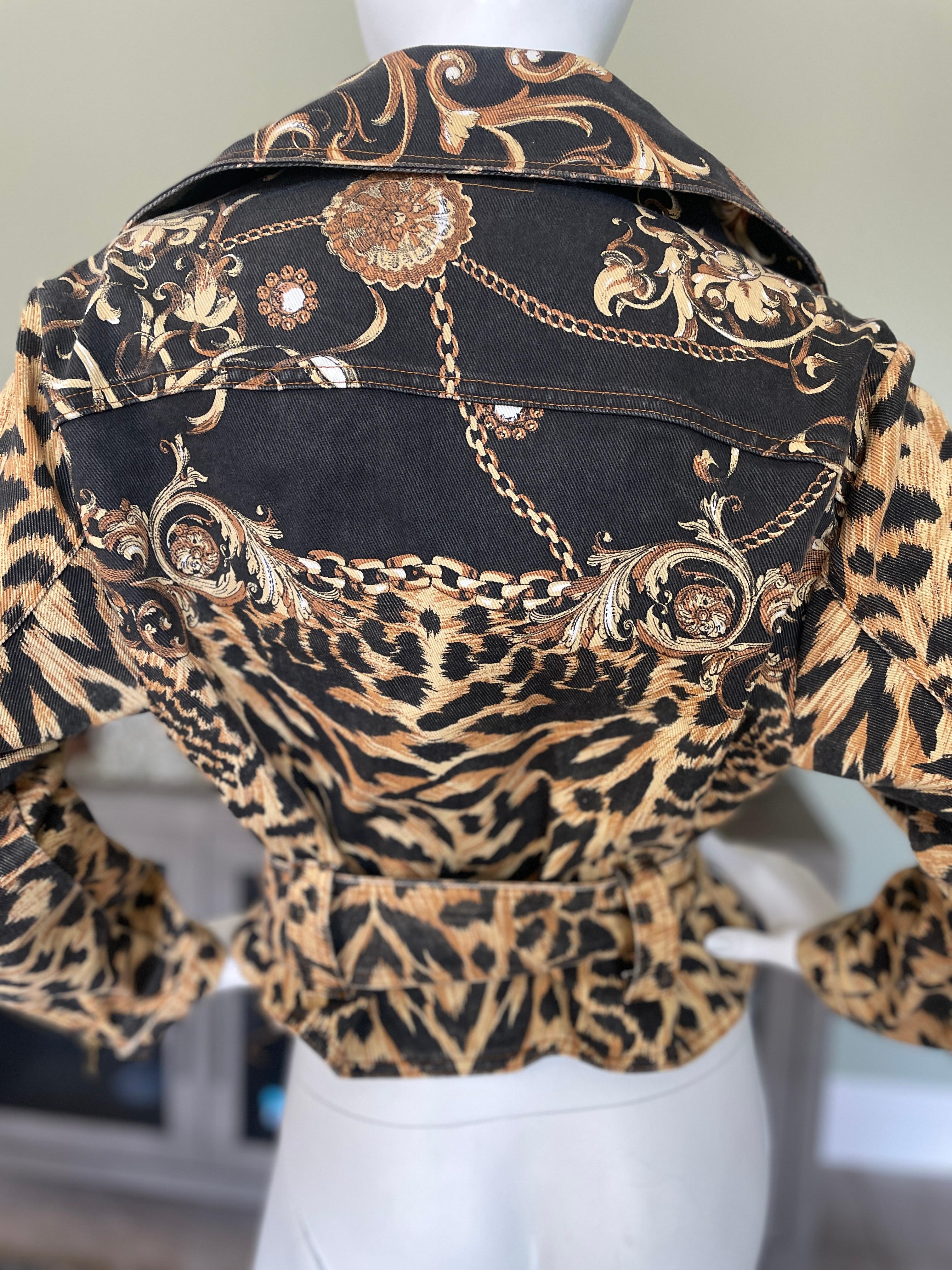Roberto Cavalli Vintage Baroque Leopard Pattern Denim Motorcycle Jacket For Sale 2