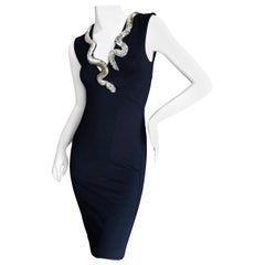 Roberto Cavalli Vintage Black Bodycon Dress w Crystal Embellished Snake Collar