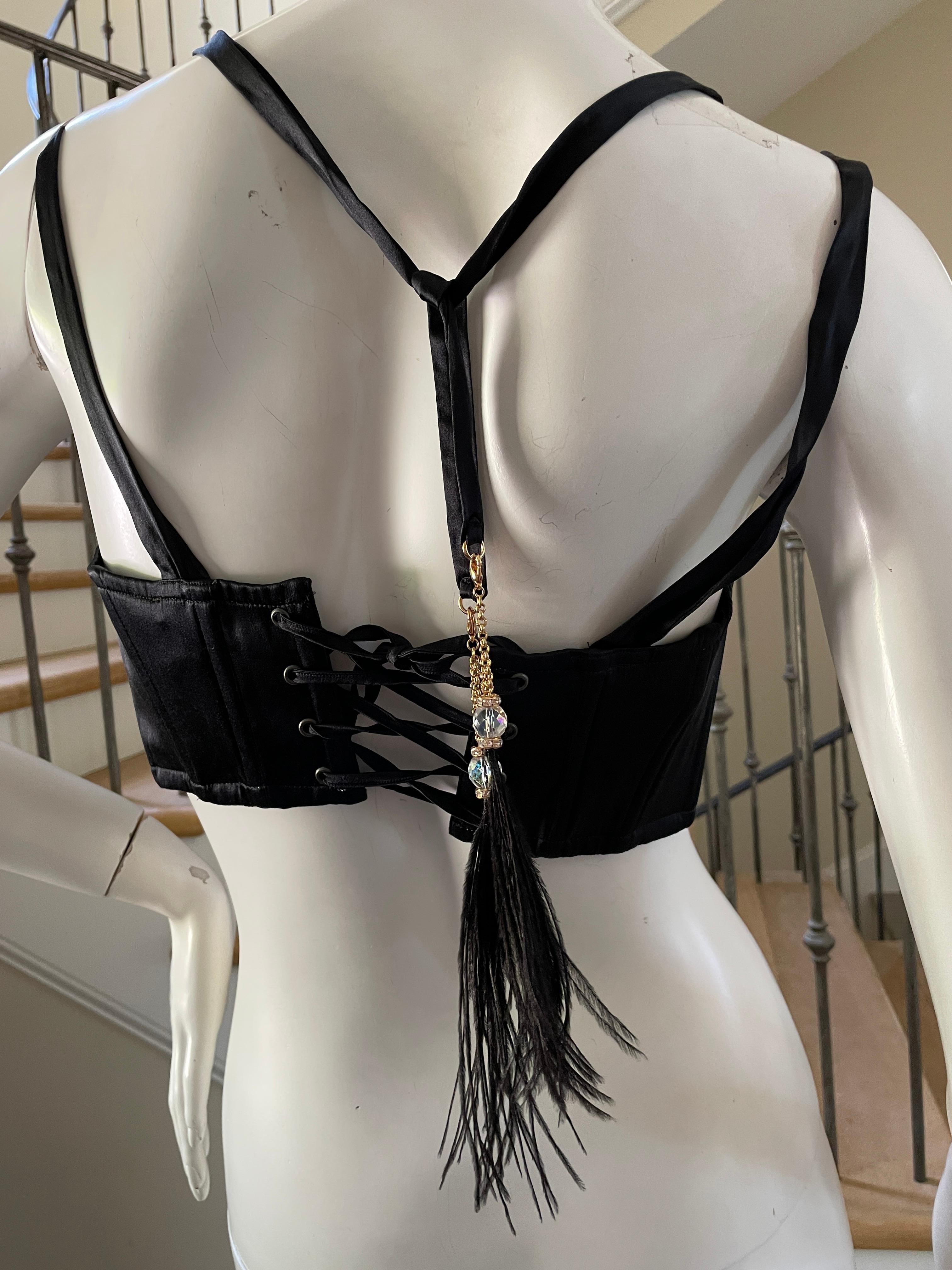 Women's Roberto Cavalli Vintage Black Corset Laced Bustier with Bead and Feather Details For Sale
