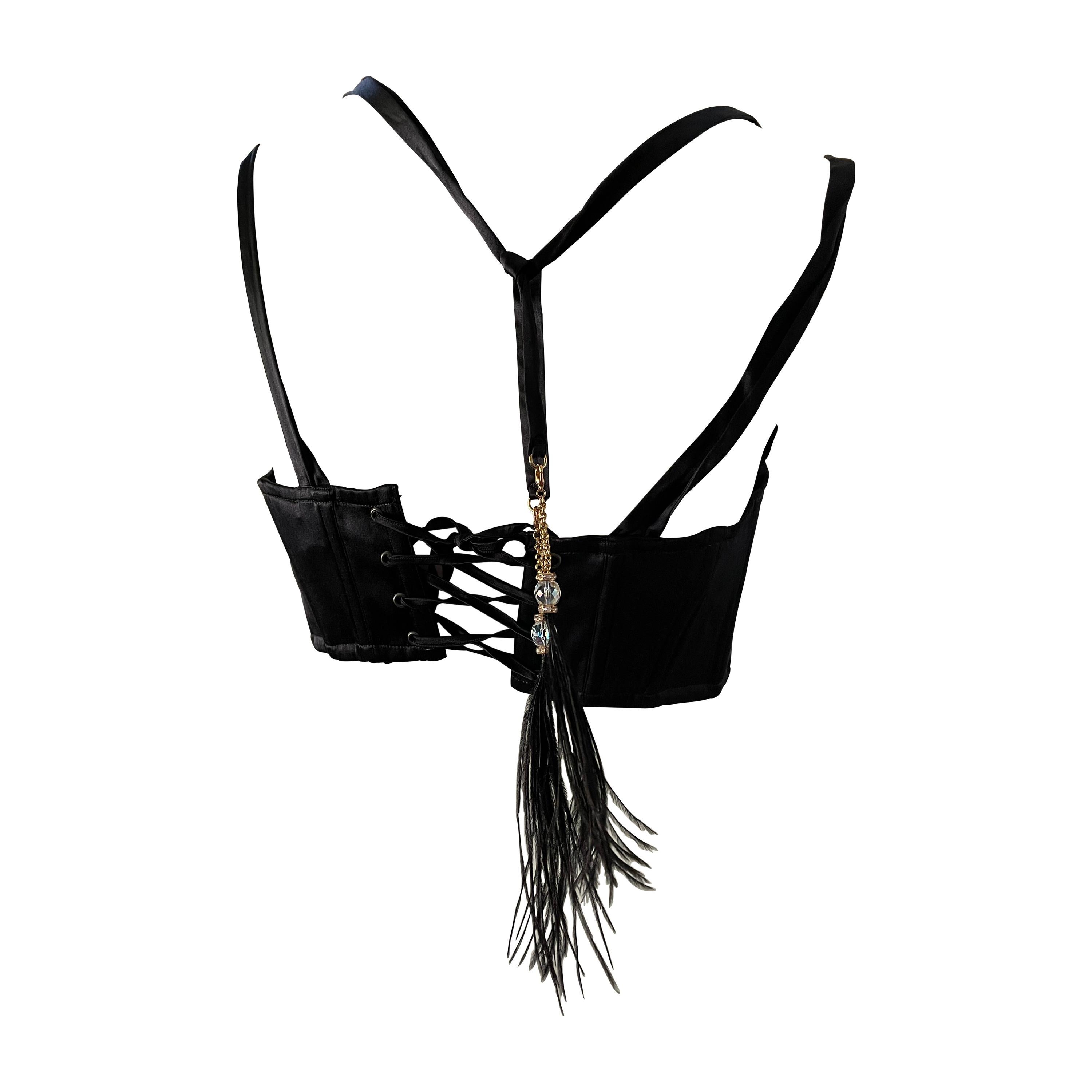 Roberto Cavalli Vintage Black Corset Laced Bustier with Bead and Feather Details For Sale