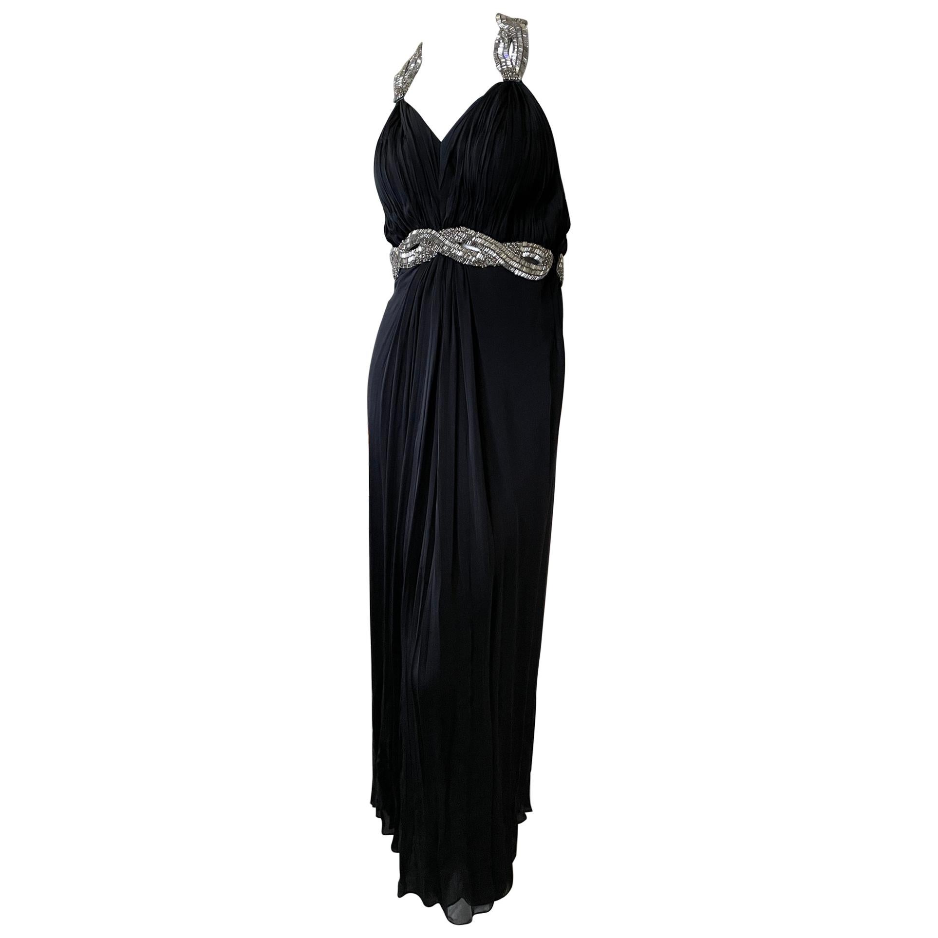  Roberto Cavalli Vintage Black Dress with Extravagant Crystal Baguette Ornaments For Sale