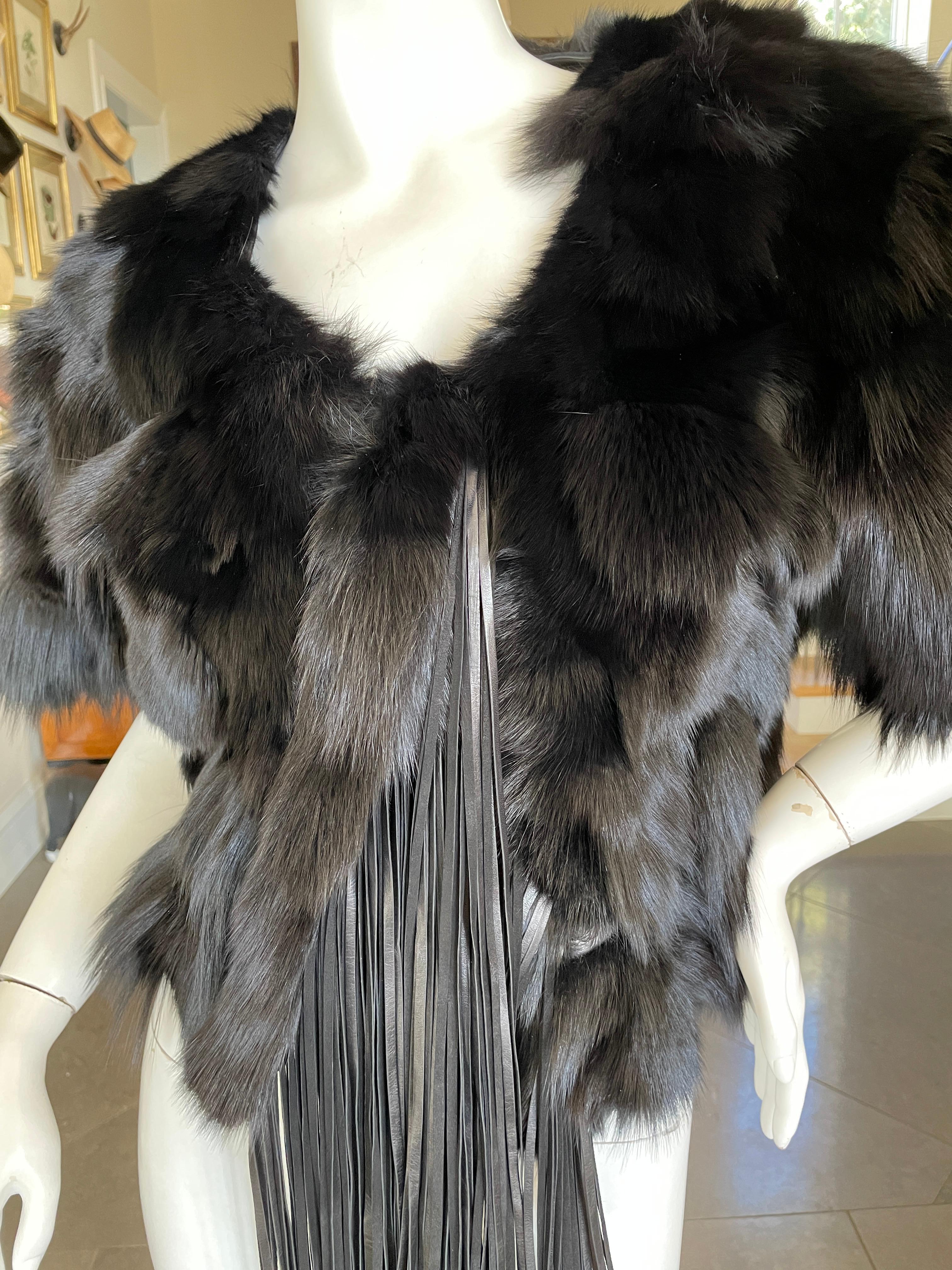 Roberto Cavalli Vintage Black Fox Fur Bolero Jacket with Leather Fringe In Excellent Condition For Sale In Cloverdale, CA