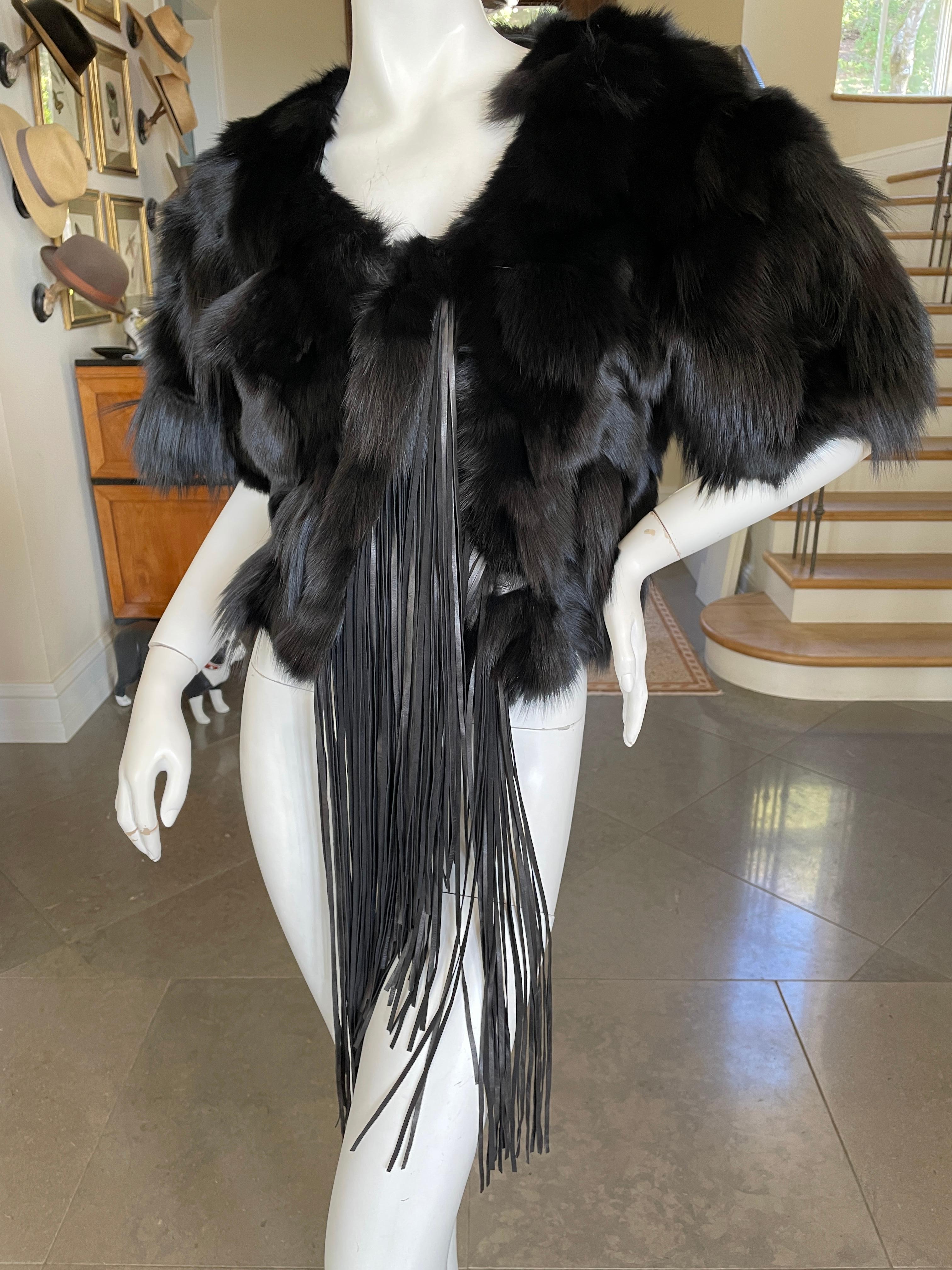 Women's Roberto Cavalli Vintage Black Fox Fur Bolero Jacket with Leather Fringe For Sale