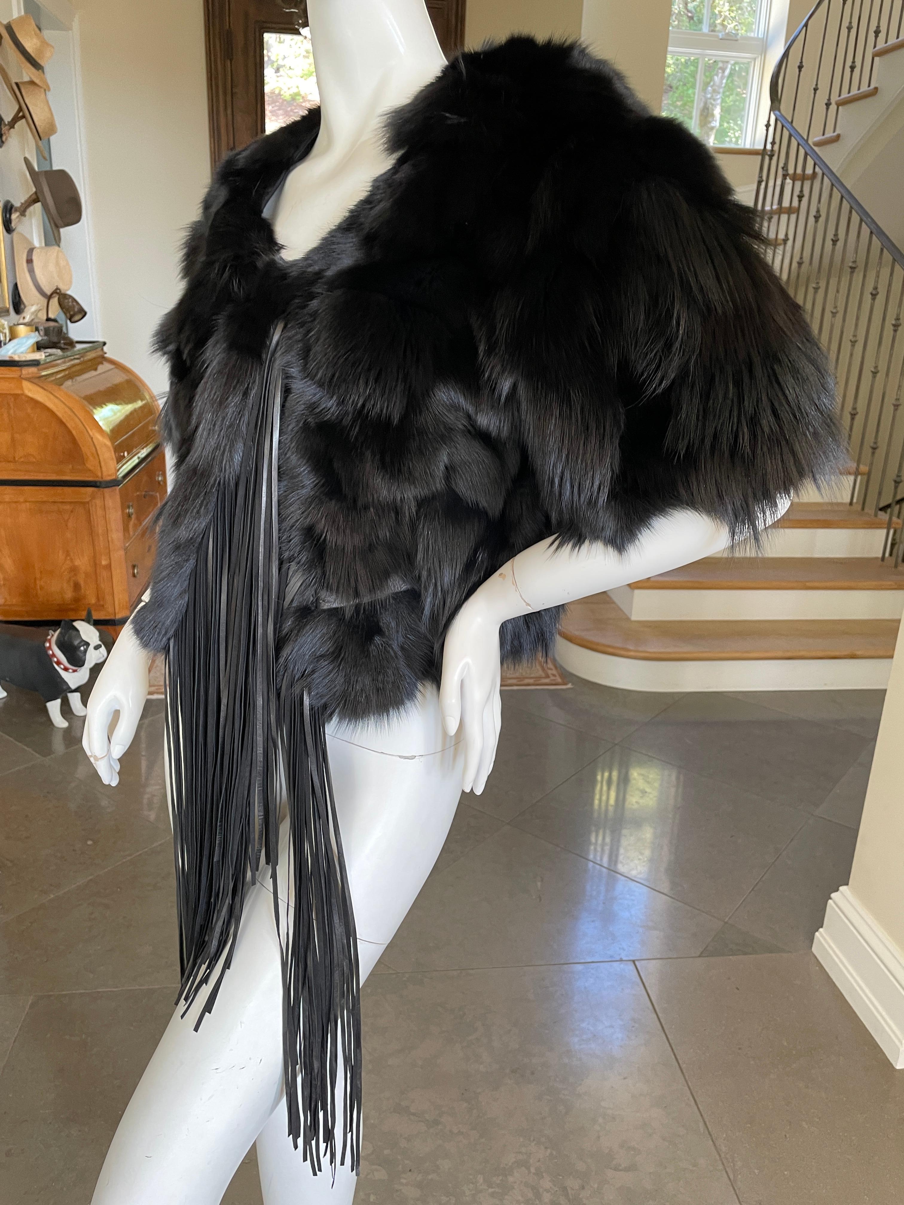 Roberto Cavalli Vintage Black Fox Fur Bolero Jacket with Leather Fringe For Sale 1