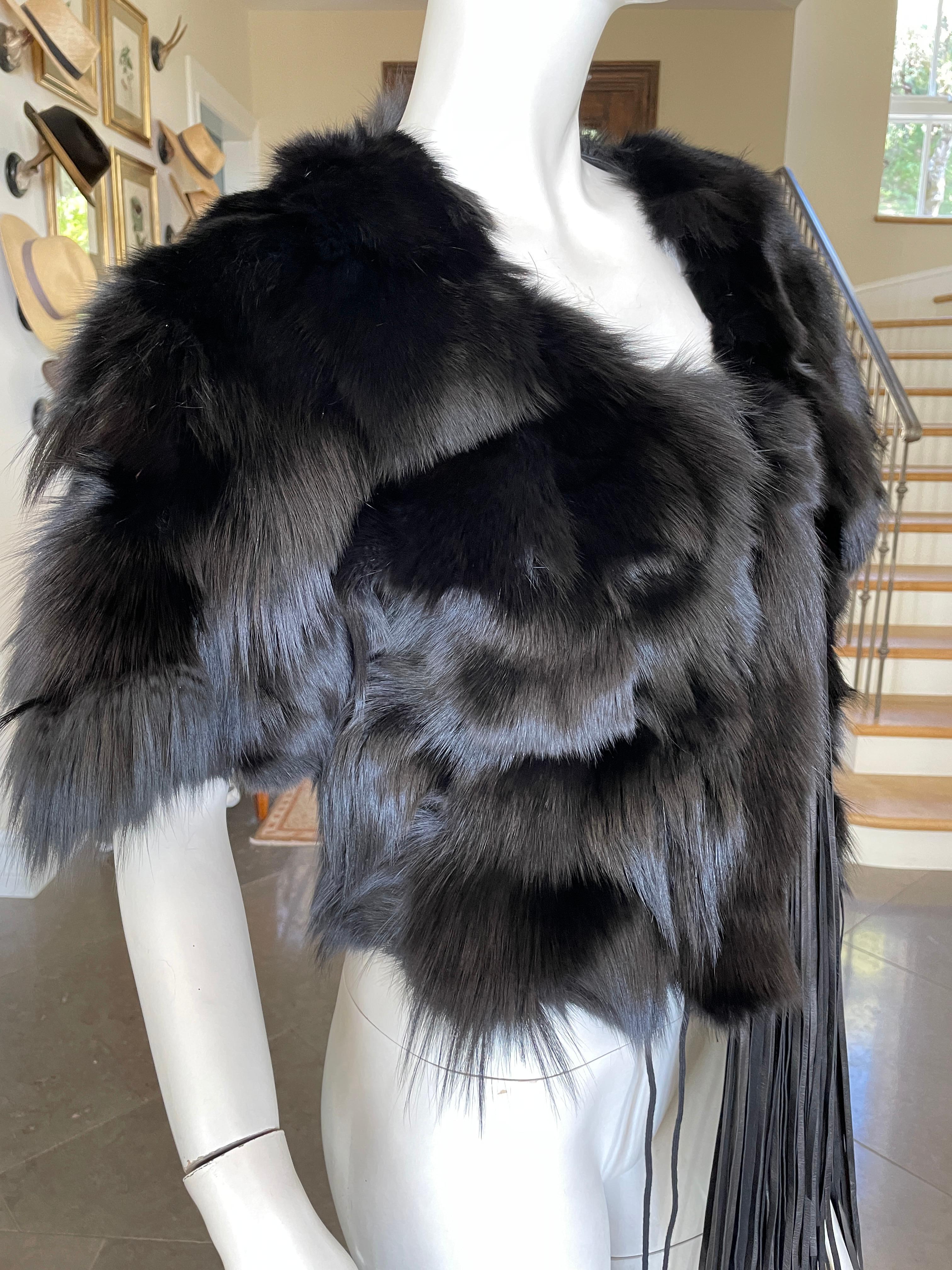 Roberto Cavalli Vintage Black Fox Fur Bolero Jacket with Leather Fringe For Sale 4