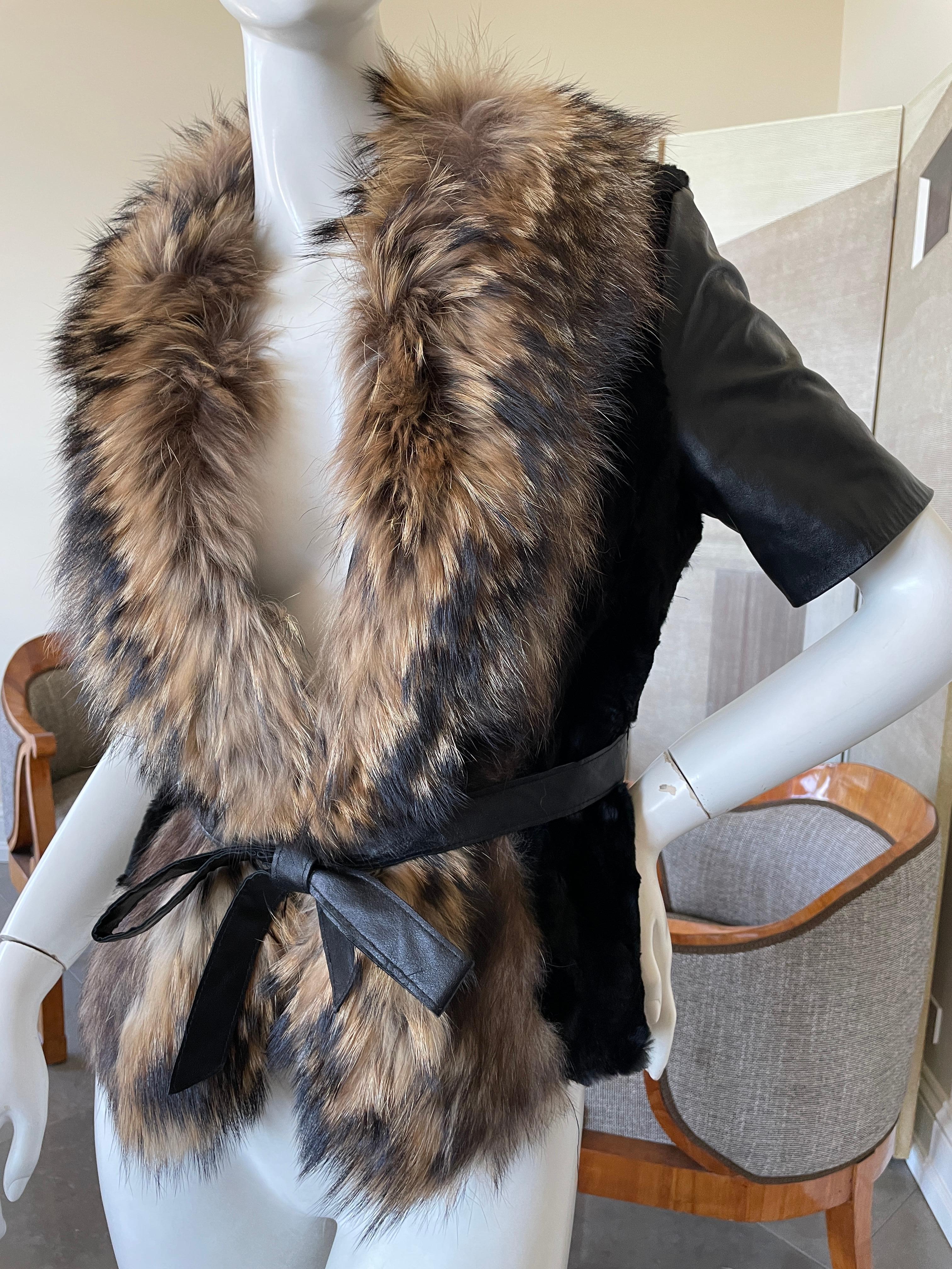 Roberto Cavalli Vintage Black Fur Short Jacket with Dramatic Fur Collar In Excellent Condition For Sale In Cloverdale, CA