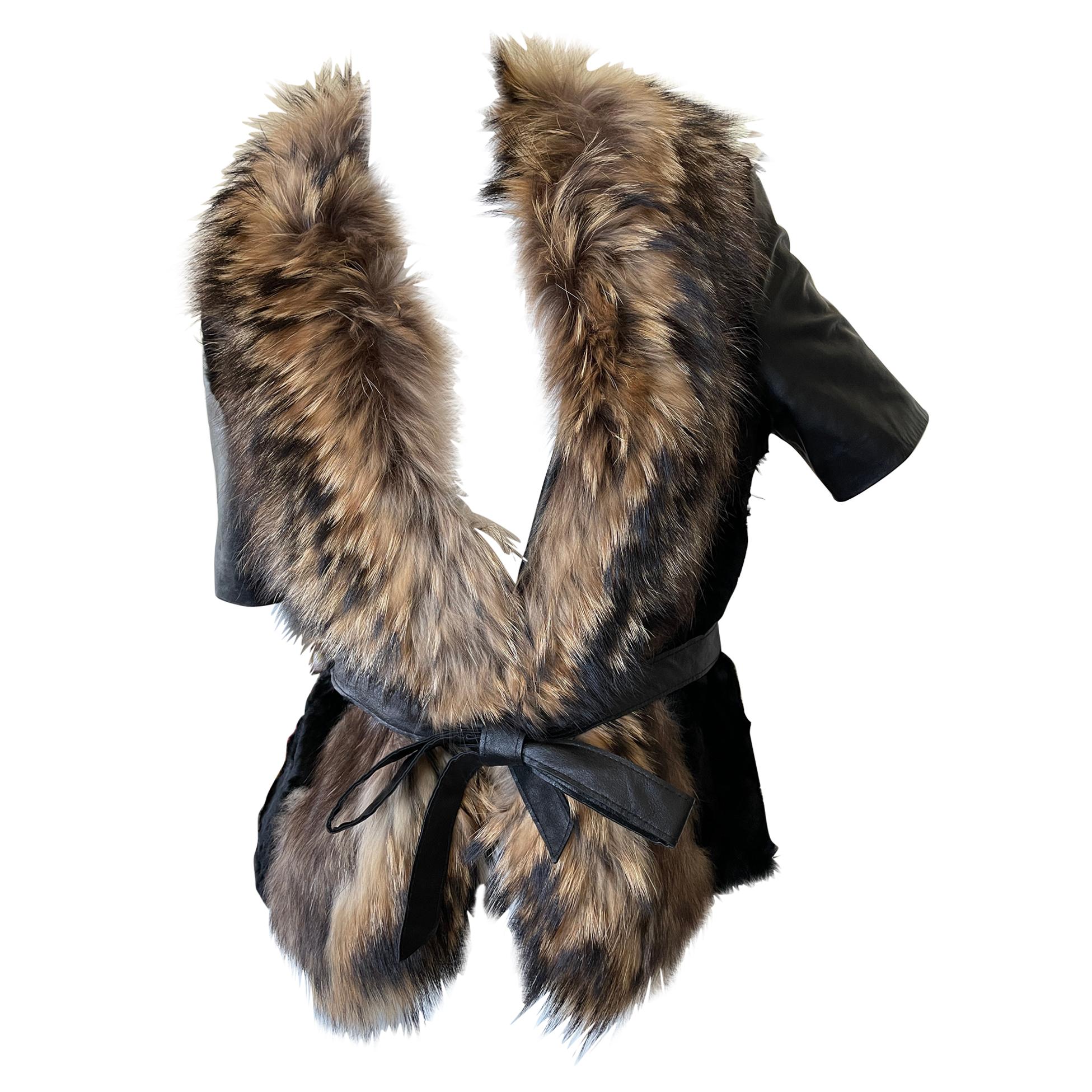 Roberto Cavalli Vintage Black Fur Short Jacket with Dramatic Fur Collar For Sale