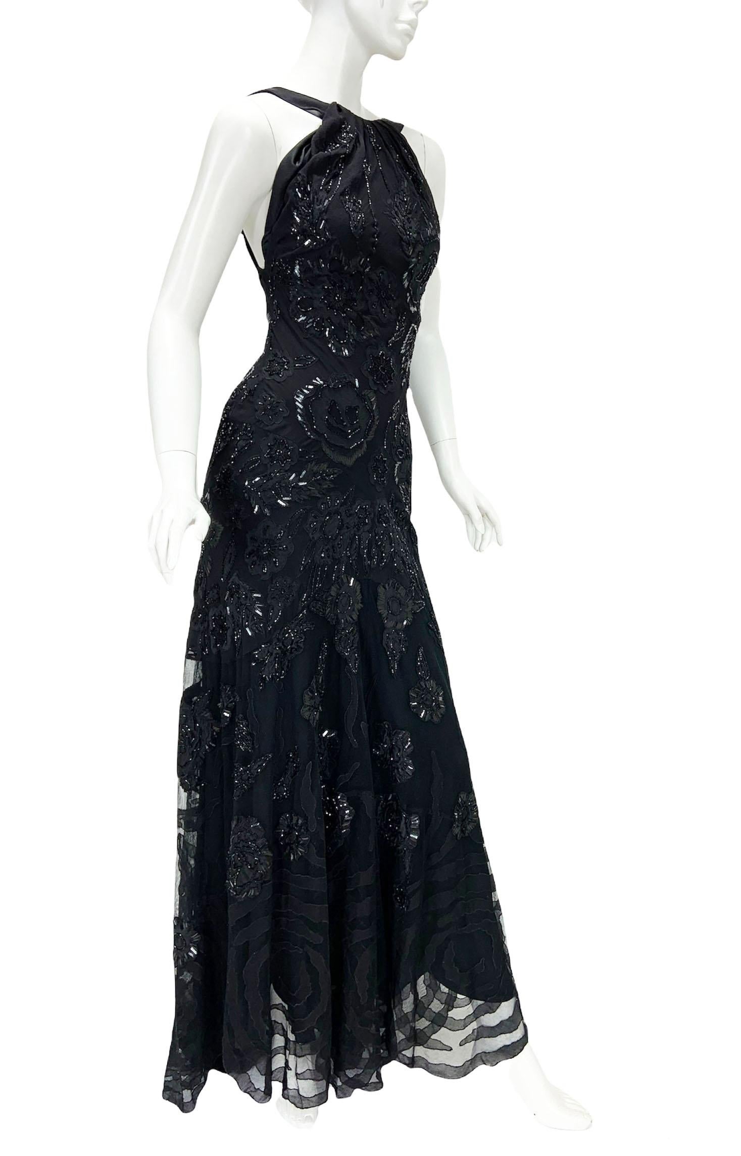 Roberto Cavalli Vintage Black Tulle Fully Embellished Open Back Dress Gown L In Excellent Condition For Sale In Montgomery, TX