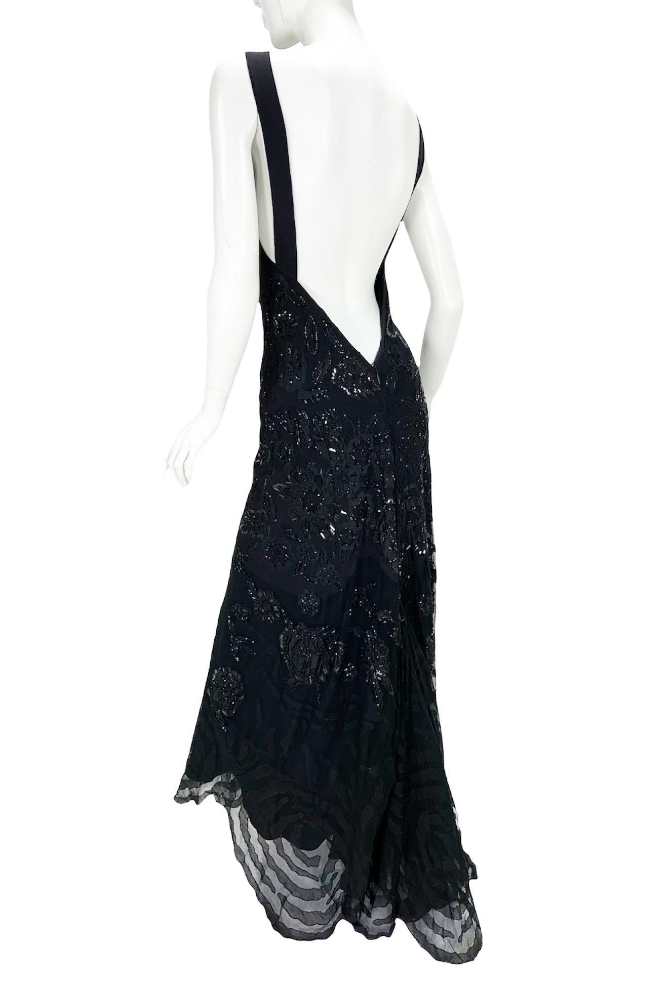 Women's Roberto Cavalli Vintage Black Tulle Fully Embellished Open Back Dress Gown L For Sale