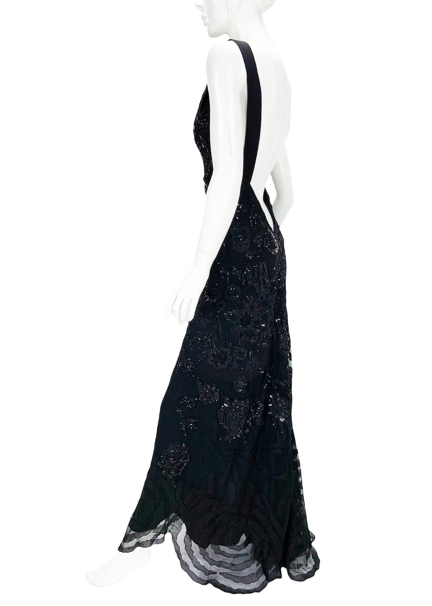 Roberto Cavalli Vintage Black Tulle Fully Embellished Open Back Dress Gown L For Sale 1