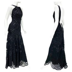 Roberto Cavalli Vintage Black Tulle Fully Embellished Open Back Dress Gown XS