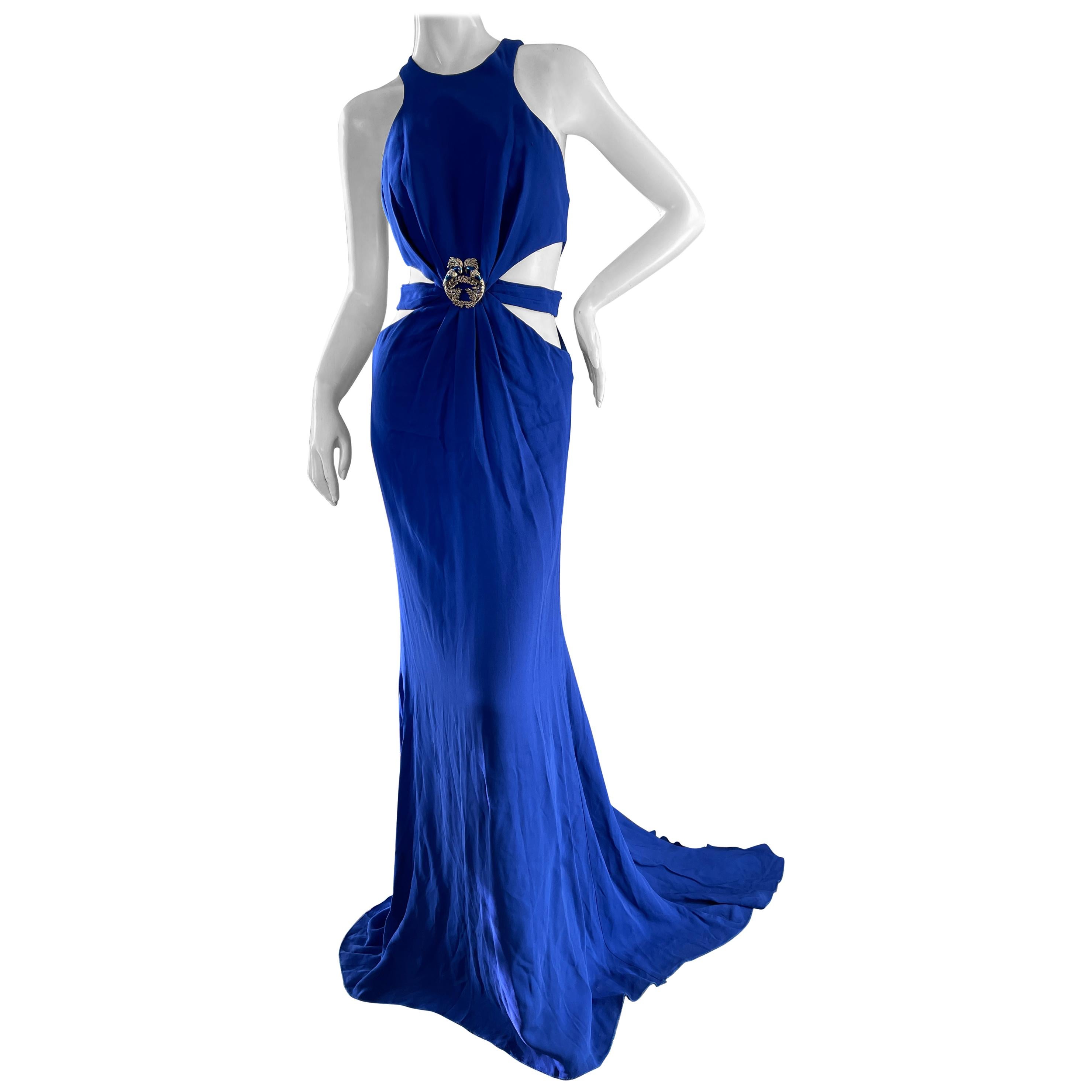 Roberto Cavalli Vintage Blue Jeweled Halter Evening Dress with Cut Out Side