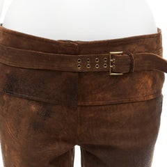 ROBERTO CAVALLI Vintage brown textured leather logo buckle mid waist flar