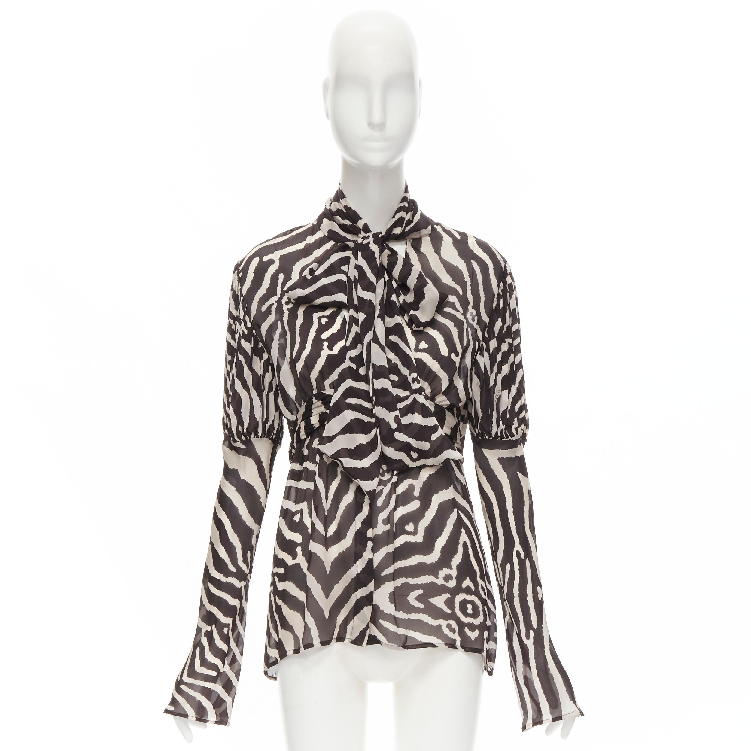ROBERTO CAVALLI VIntage brown zebra striped print pussy bow silk blouse IT44 M 5
