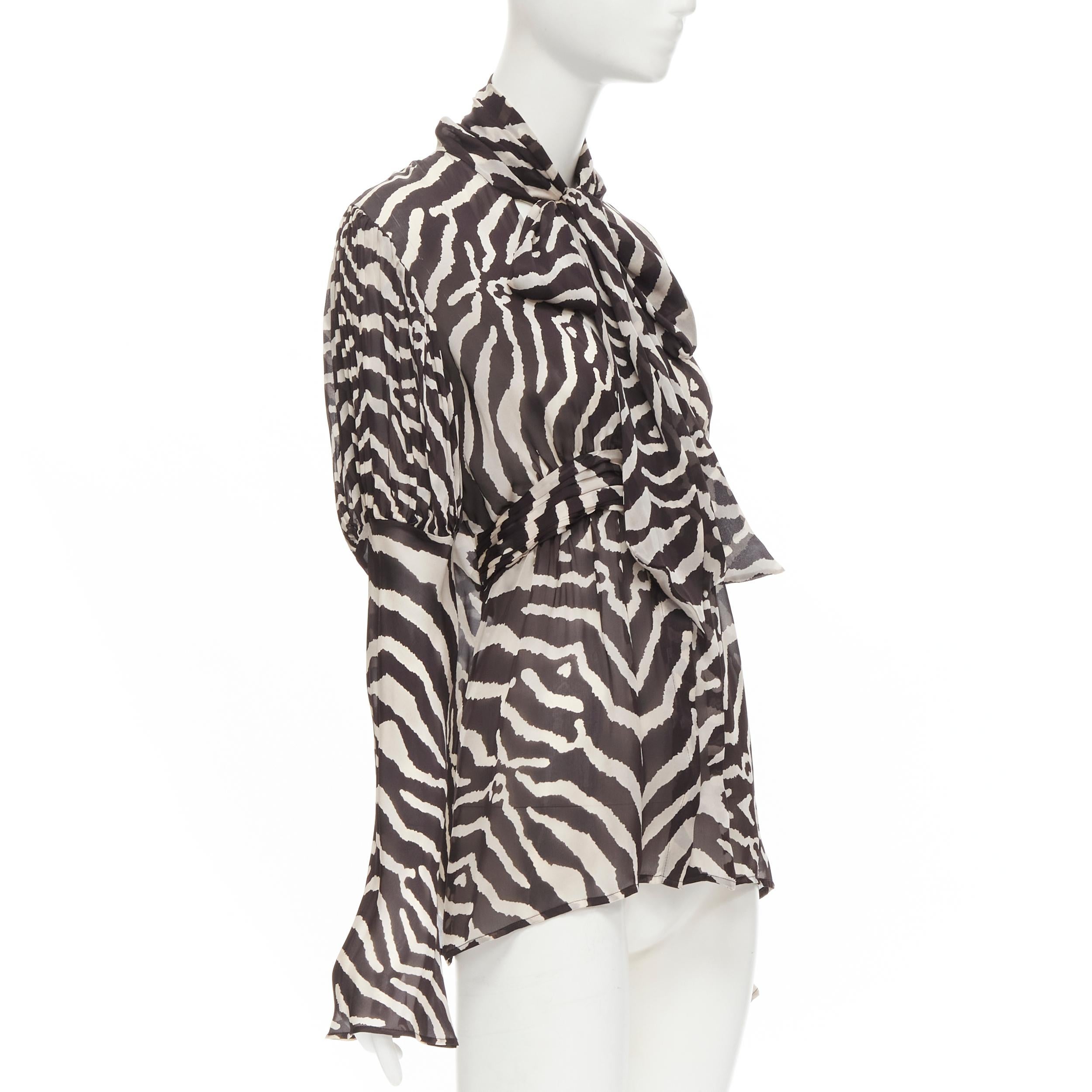 Gray ROBERTO CAVALLI VIntage brown zebra striped print pussy bow silk blouse IT44 M