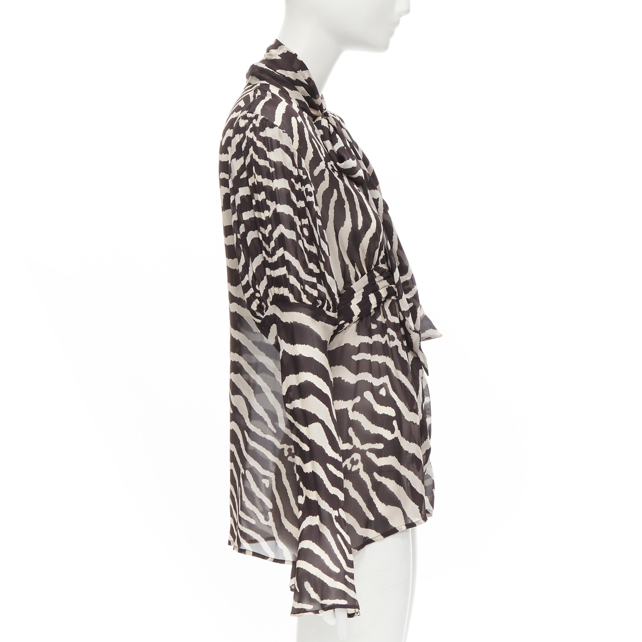 ROBERTO CAVALLI VIntage brown zebra striped print pussy bow silk blouse IT44 M In Excellent Condition In Hong Kong, NT
