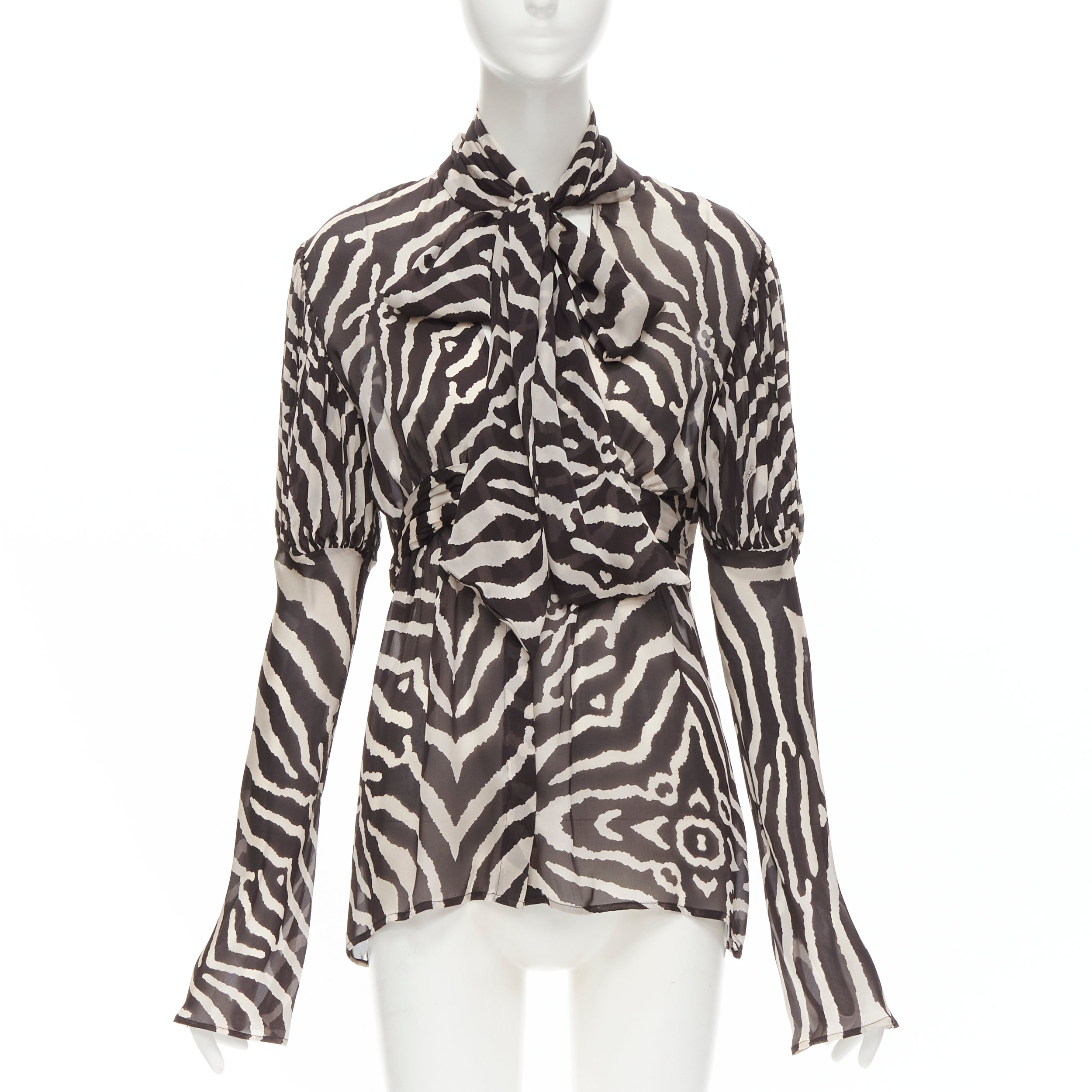 Reductor pistool inflatie ROBERTO CAVALLI VIntage brown zebra striped print pussy bow silk blouse  IT44 M For Sale at 1stDibs