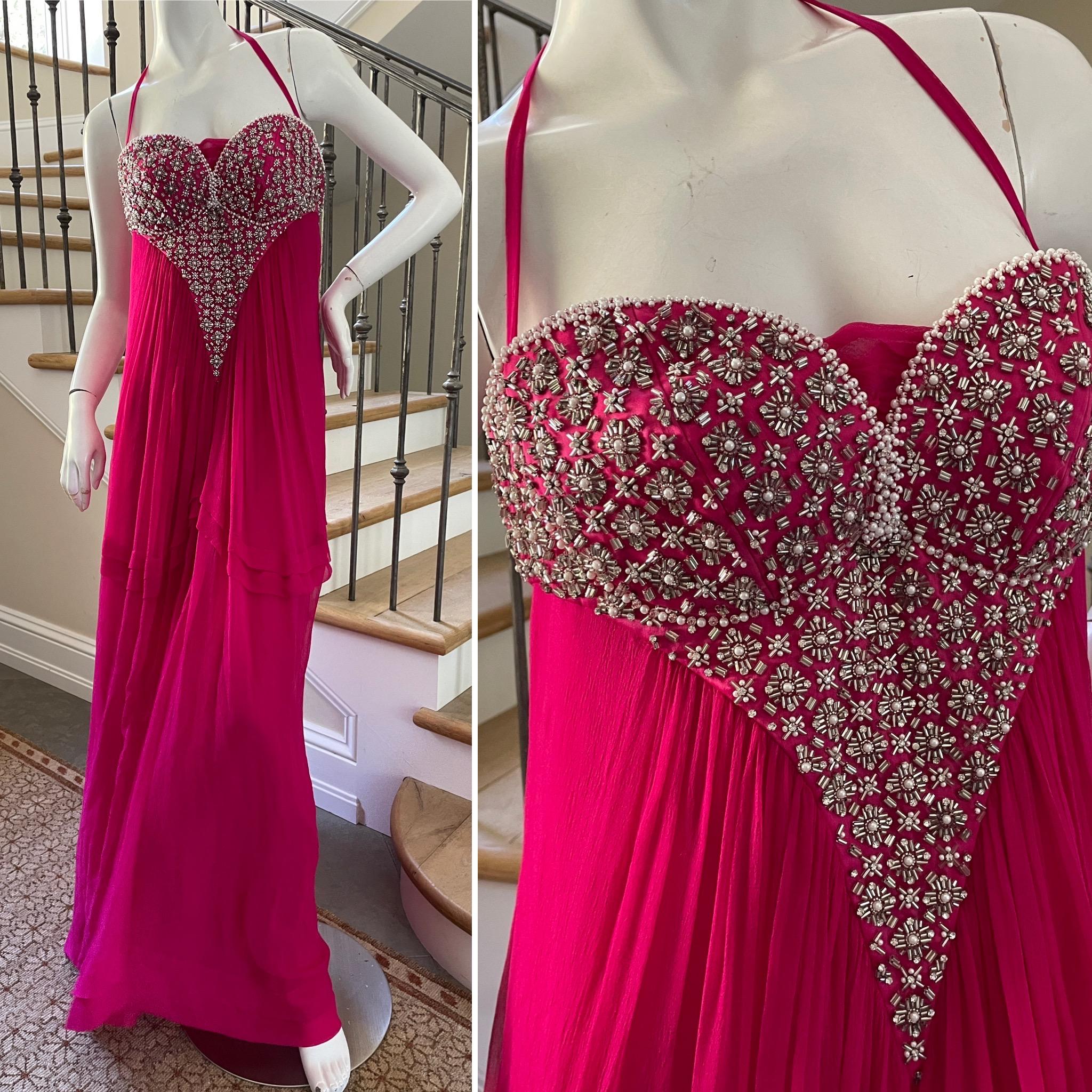 Roberto Cavalli Hot Pink Vintage Silk Evening Dress with Beaded Corset Top 
This is so petty, please use the zoom feature to see details, it's much better on .
Size 44
 Bust 25
