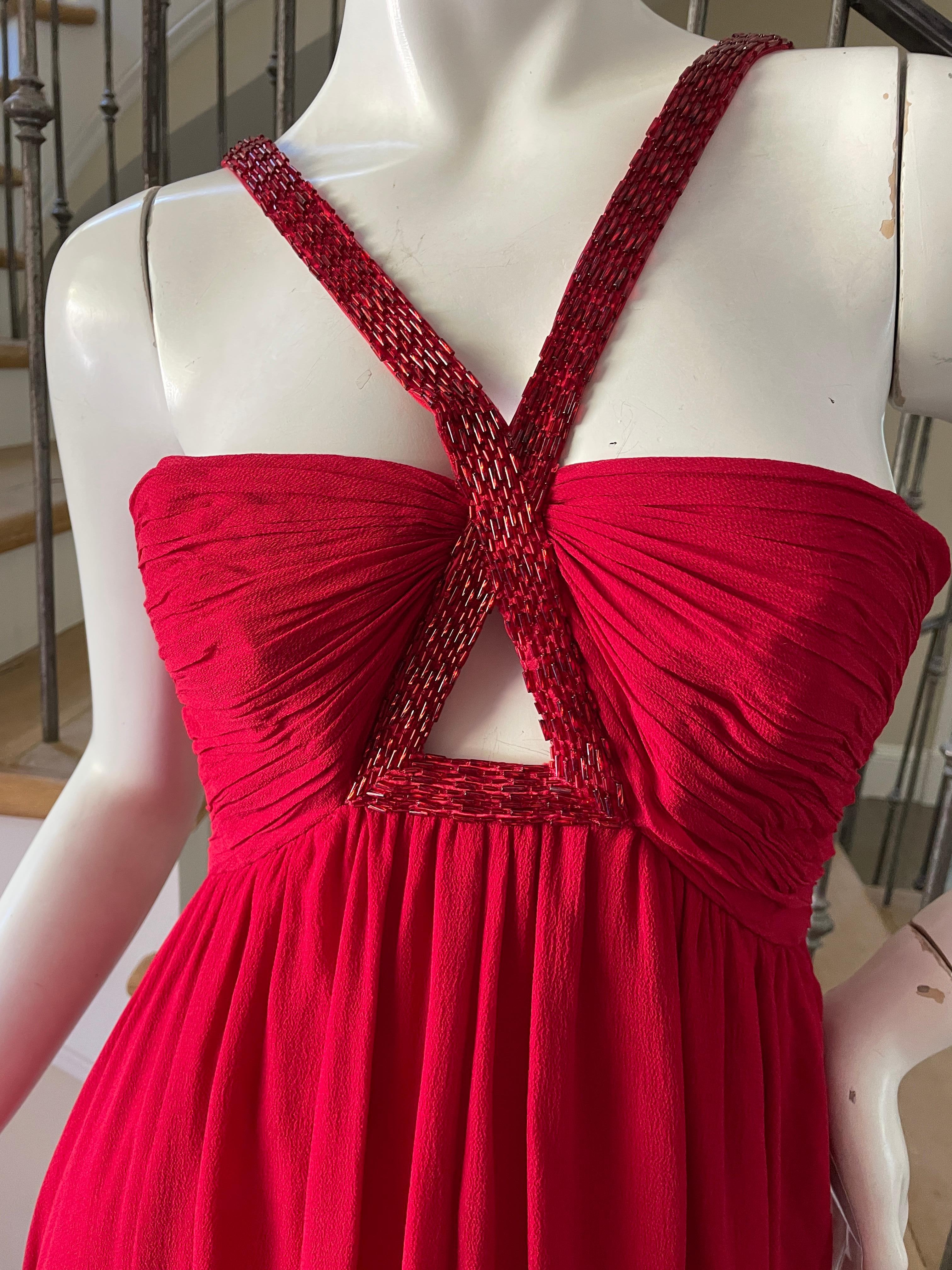 Roberto Cavalli Vintage Coral Red Silk Evening Dress with Keyhole Beaded Details For Sale 4