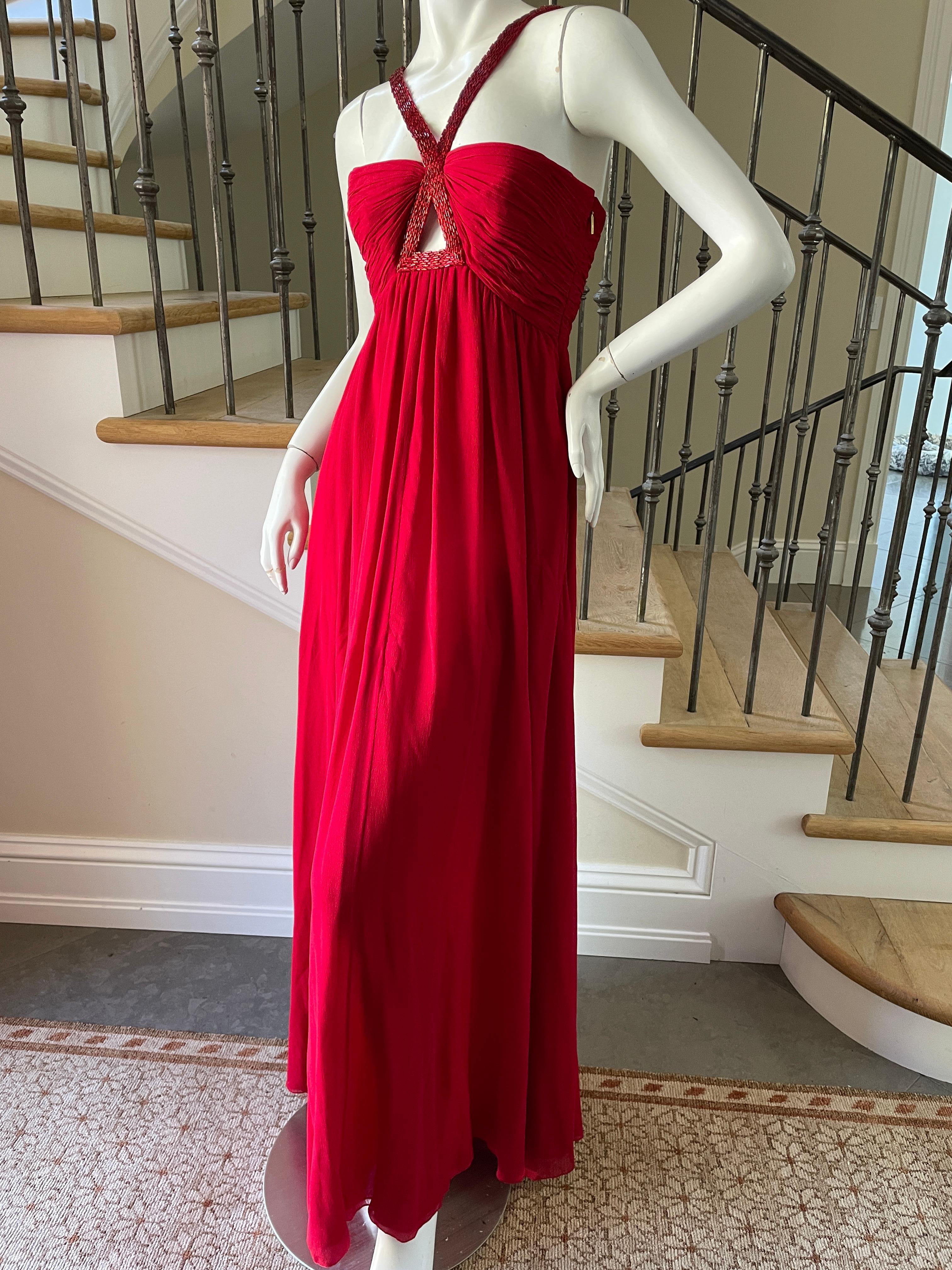 Roberto Cavalli Vintage Coral Red Silk Evening Dress with Keyhole Beaded Details In Excellent Condition For Sale In Cloverdale, CA