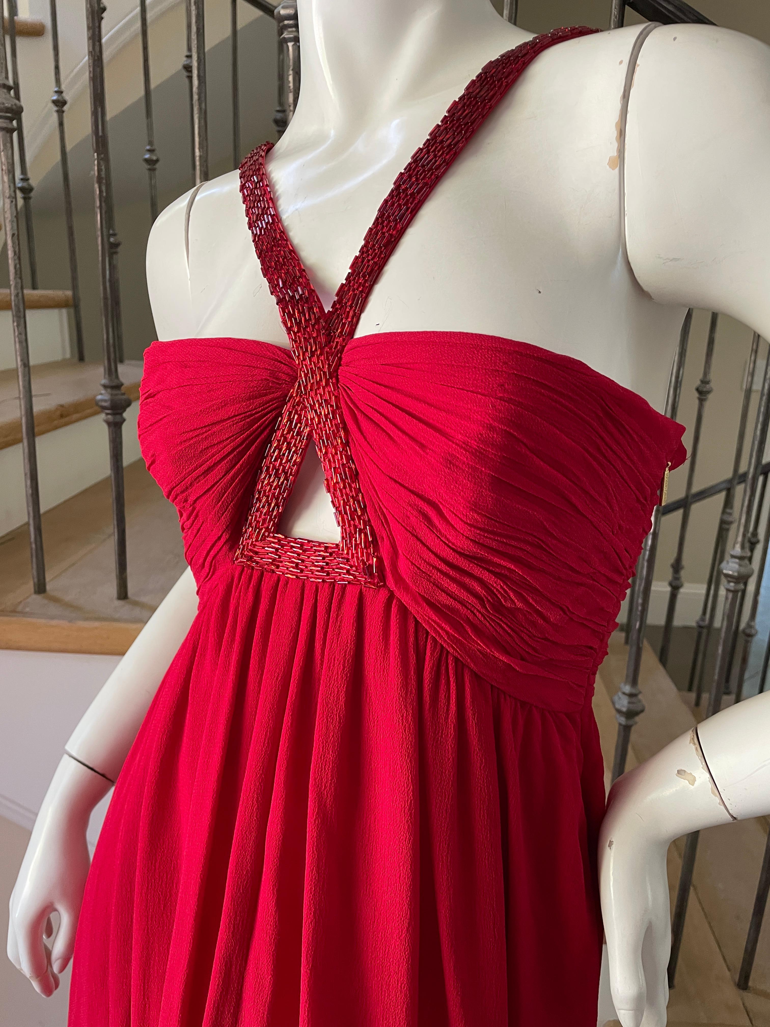 Women's Roberto Cavalli Vintage Coral Red Silk Evening Dress with Keyhole Beaded Details For Sale