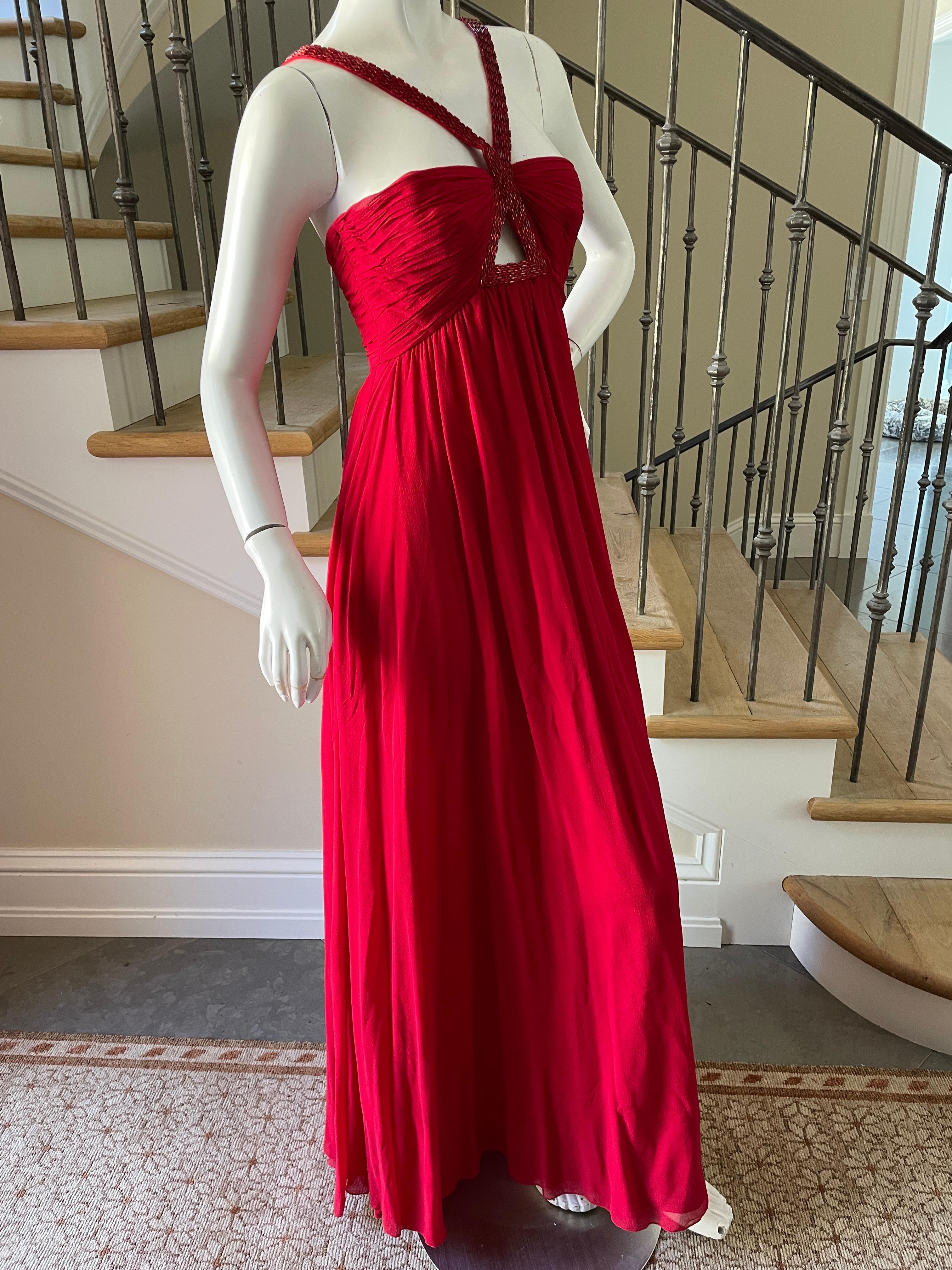 Roberto Cavalli Vintage Coral Red Silk Evening Dress with Keyhole Beaded Details For Sale 1