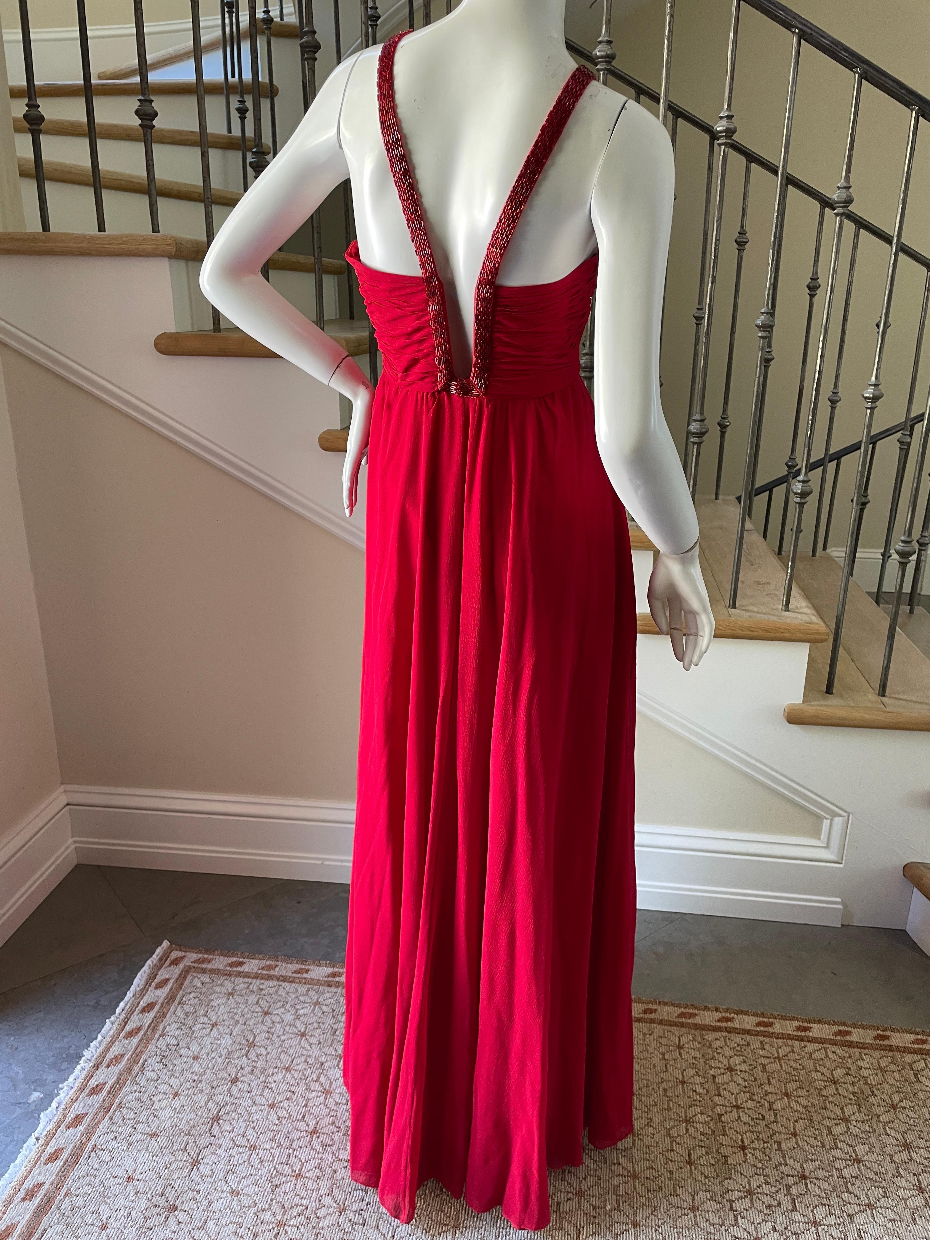 Roberto Cavalli Vintage Coral Red Silk Evening Dress with Keyhole Beaded Details For Sale 2