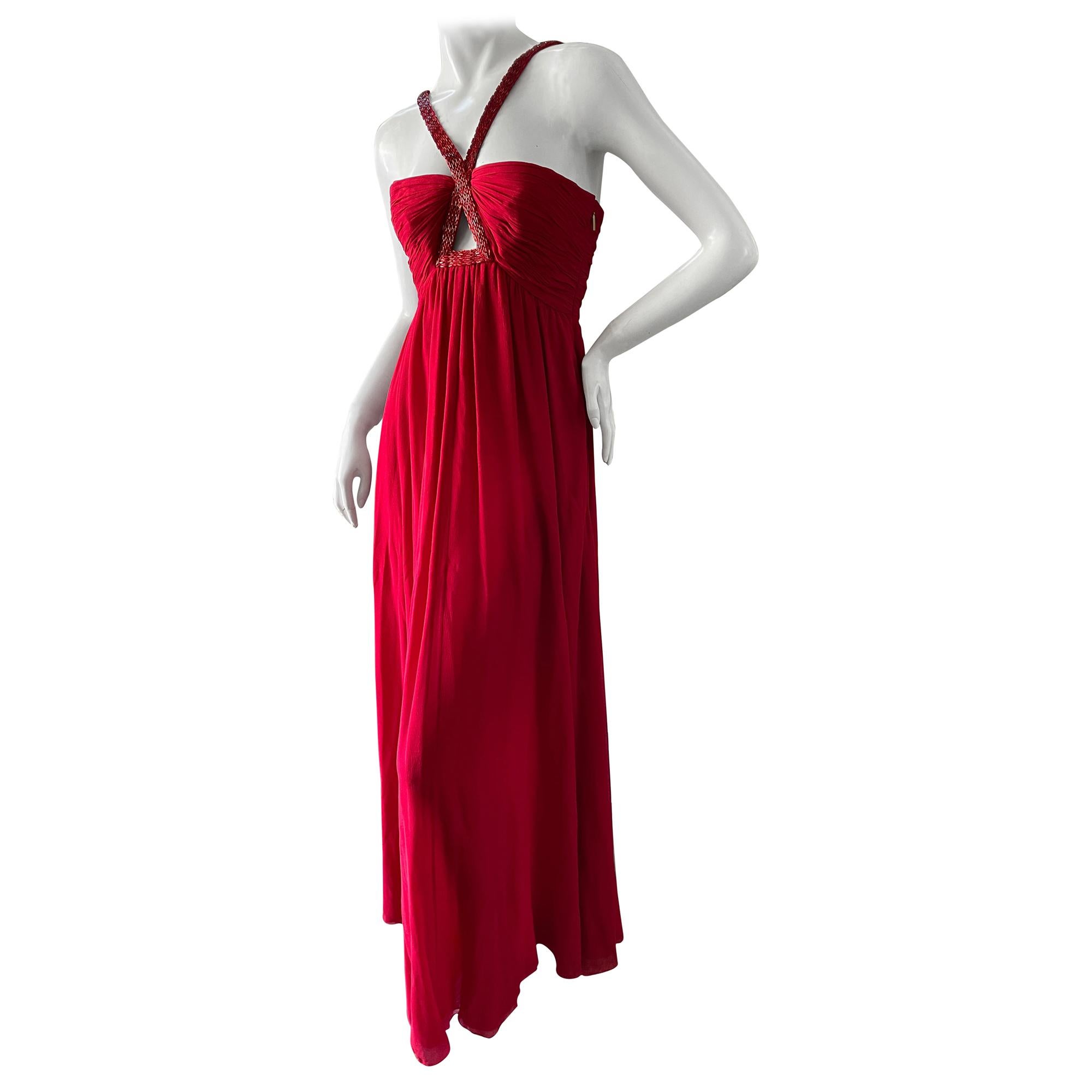 Roberto Cavalli Vintage Coral Red Silk Evening Dress with Keyhole Beaded Details For Sale