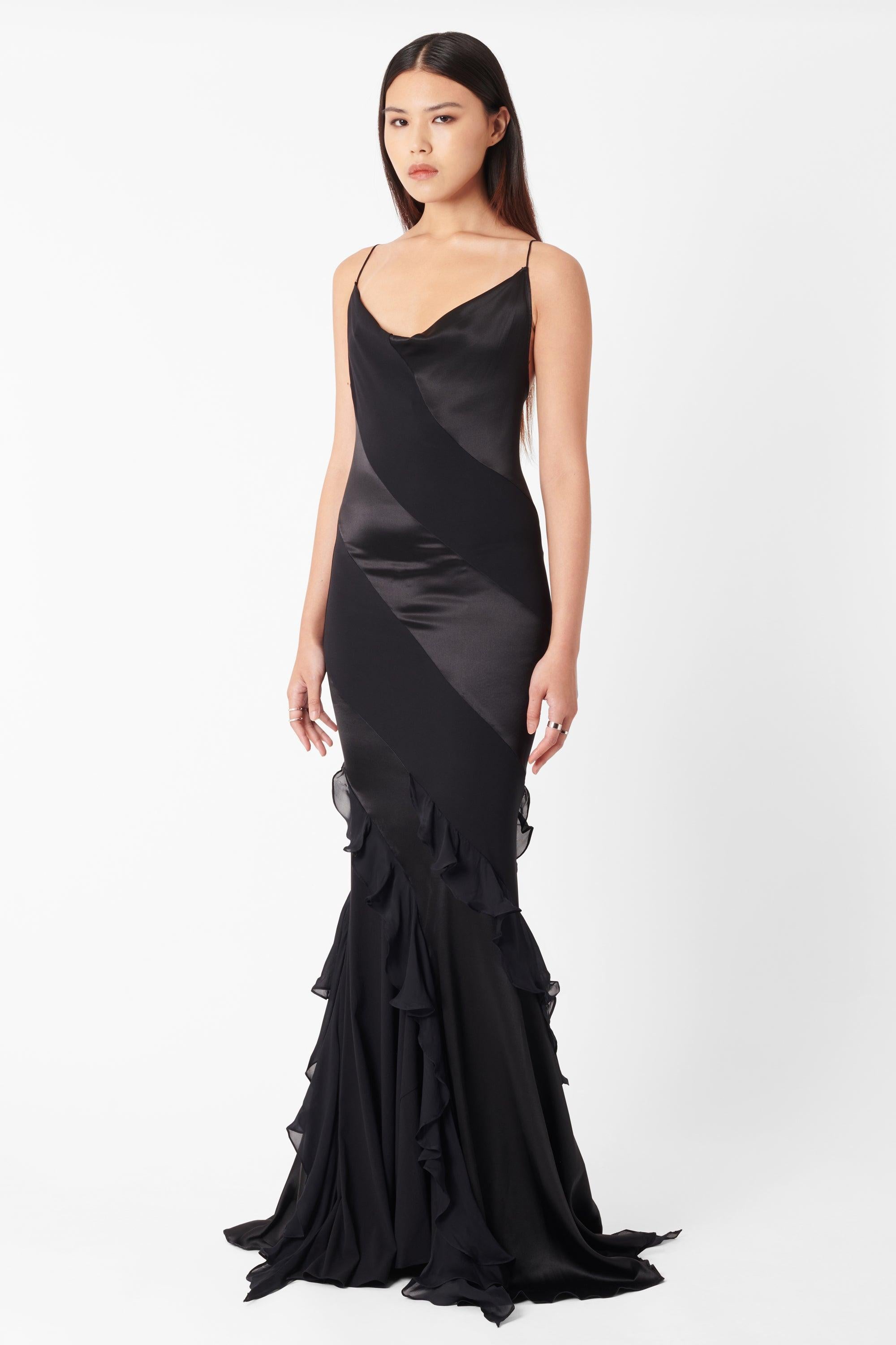 De las mujeres Roberto Cavalli Vintage Deadstock Maxi Vestido de Seda Negro con Cuello de Vaca en venta