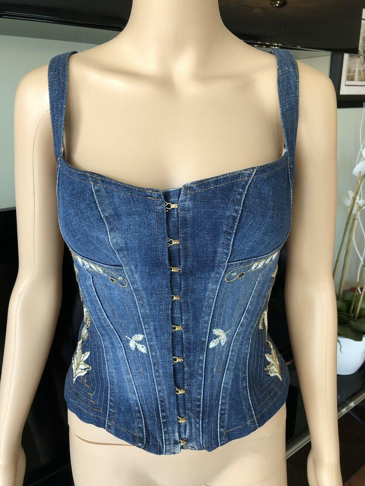 Roberto Cavalli S/S 2003 Vintage Embroidered Bustier Corset Denim Top Size M