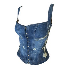 Roberto Cavalli S/S 2003 Vintage Embroidered Bustier Corset Denim Top