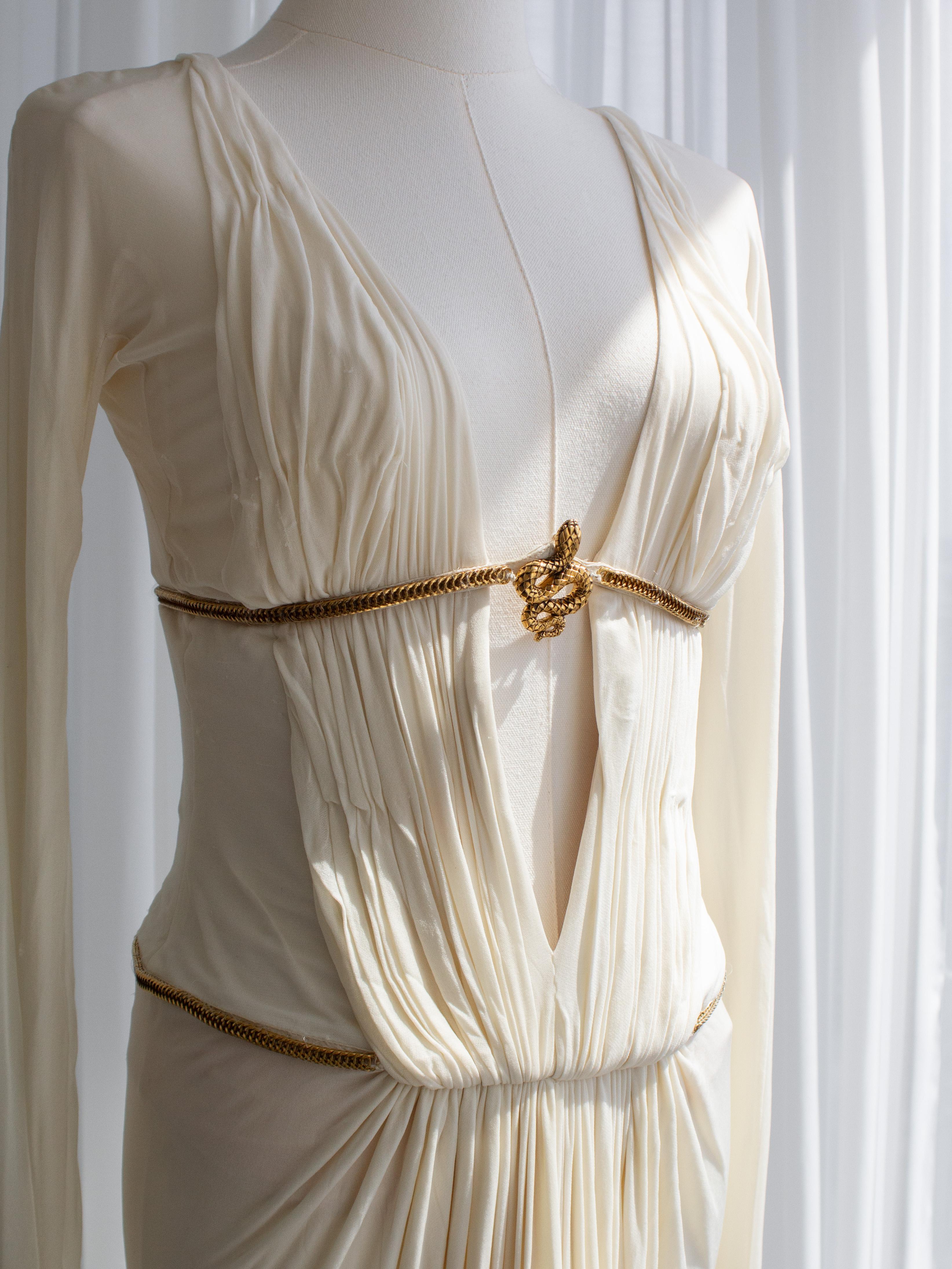 Roberto Cavalli Vintage F/W 2007 White Pleated Gold Snake Cleopatra Dress Gown 5