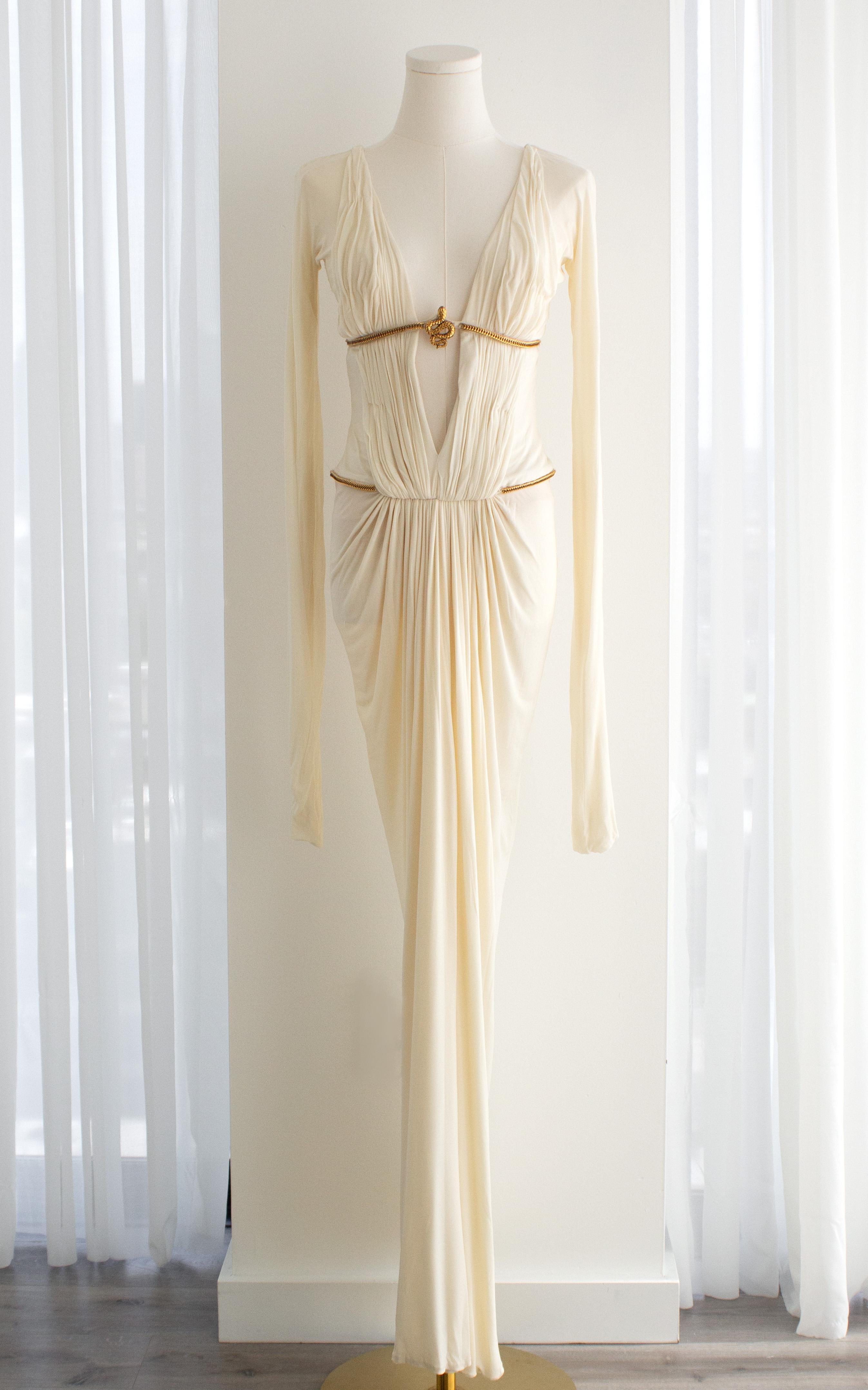 Women's Roberto Cavalli Vintage F/W 2007 White Pleated Gold Snake Cleopatra Dress Gown