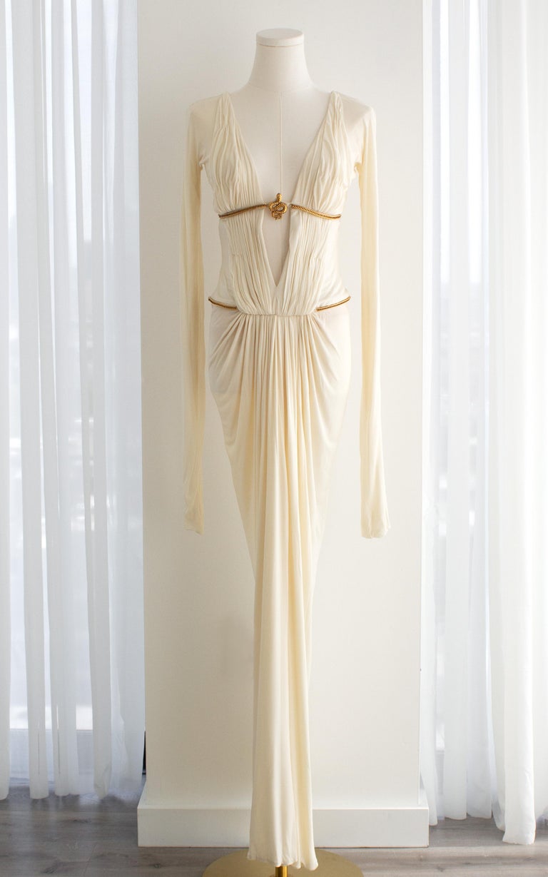 Roberto Cavalli Vintage F/W 2007 White Pleated Gold Snake Cleopatra Dress  Gown