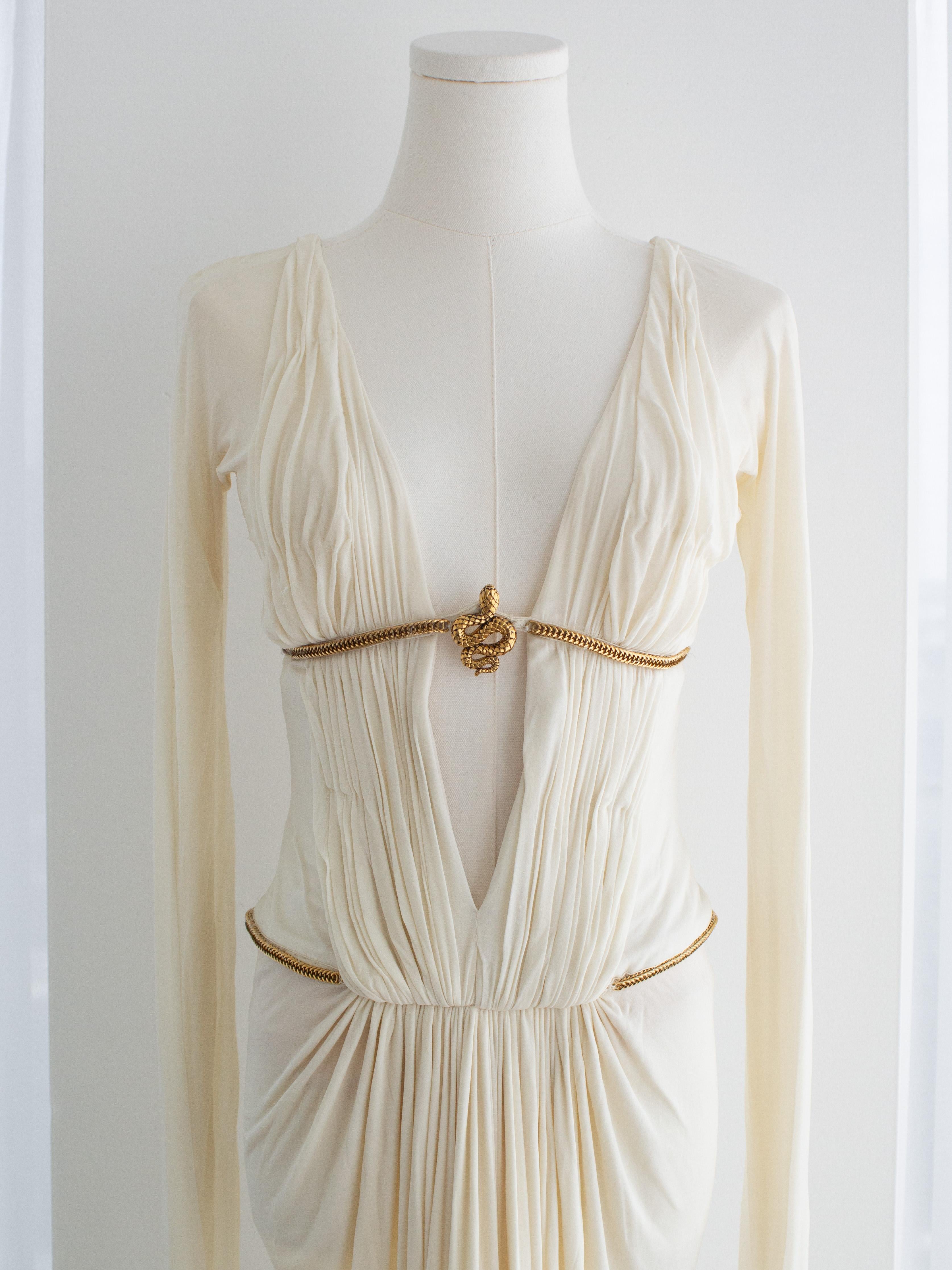 Roberto Cavalli Vintage F/W 2007 White Pleated Gold Snake Cleopatra Dress Gown 1