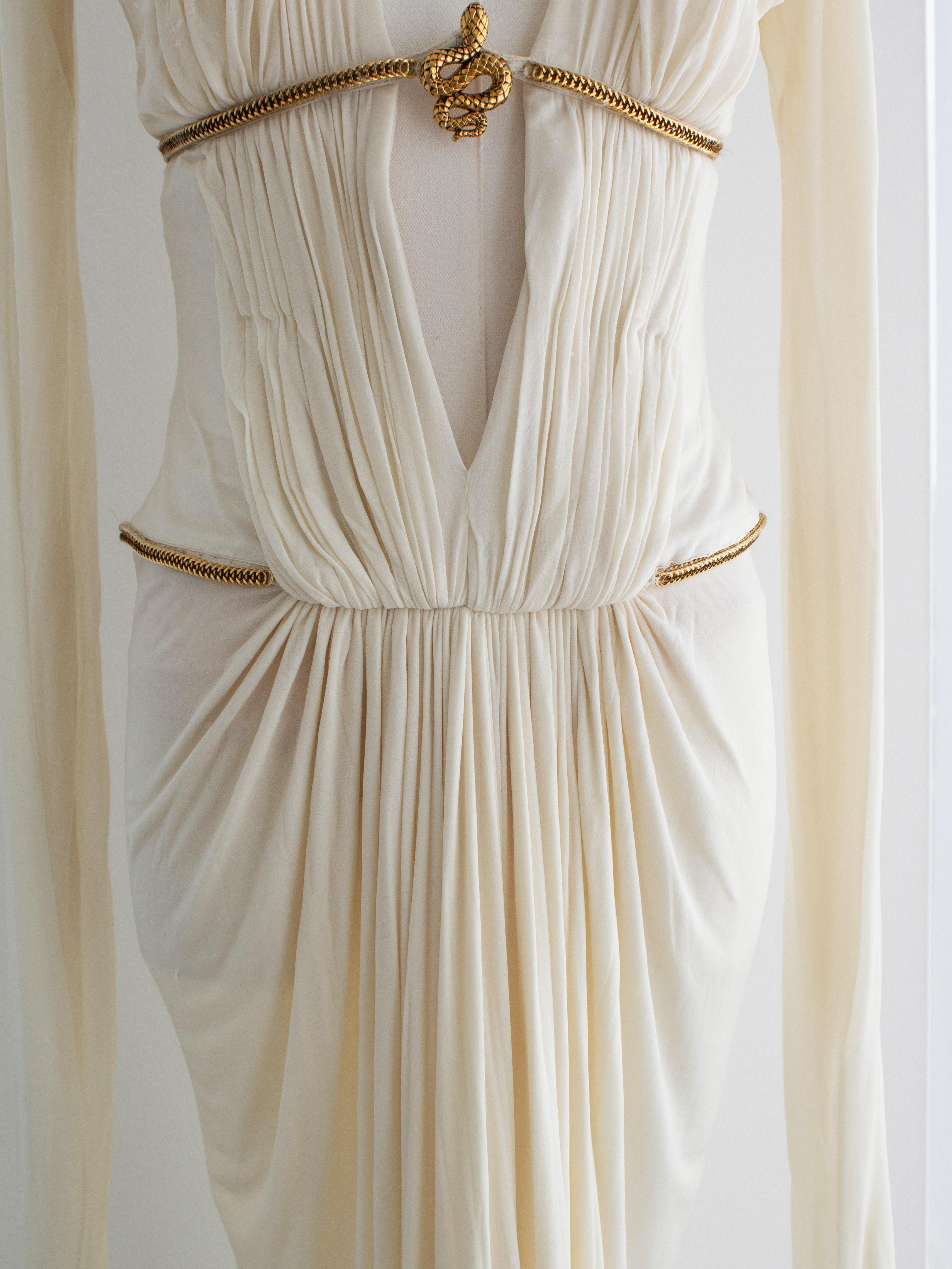 Roberto Cavalli Vintage F/W 2007 White Pleated Gold Snake Cleopatra Dress Gown 2