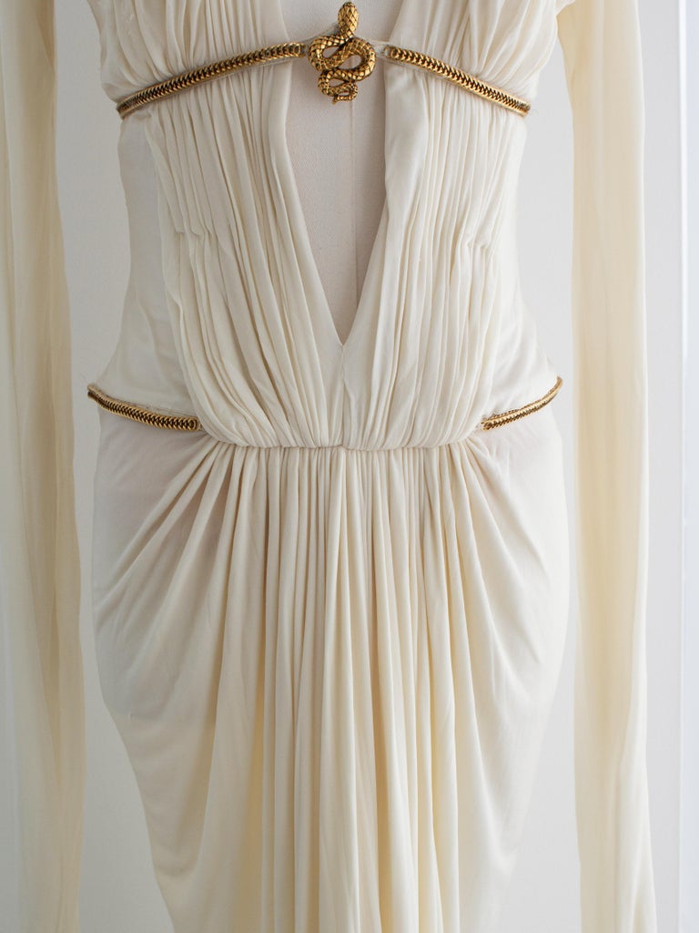 Roberto Cavalli Vintage F/W 2007 White Pleated Gold Snake Cleopatra Dress  Gown