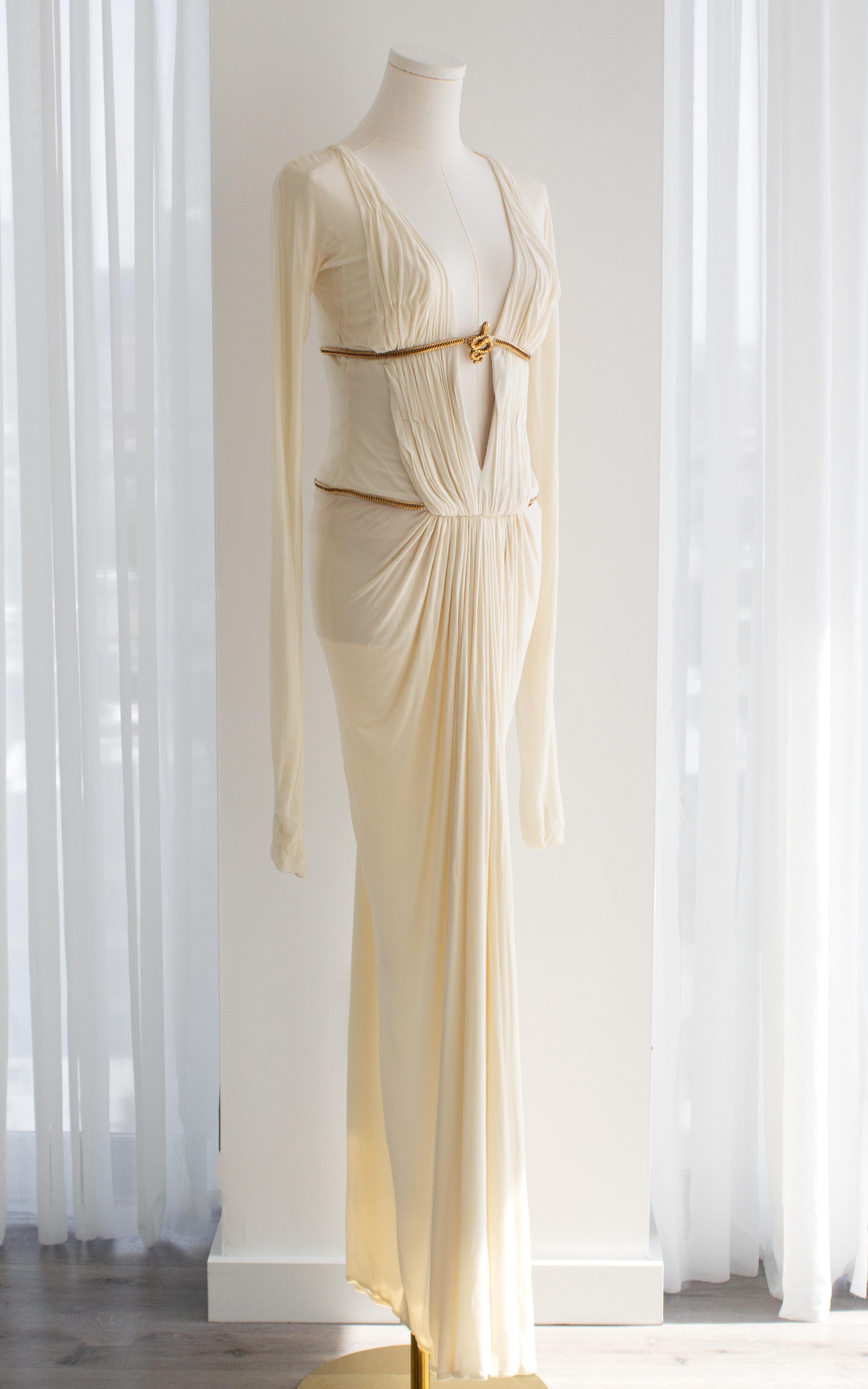 Roberto Cavalli Vintage F/W 2007 White Pleated Gold Snake Cleopatra Dress Gown 4