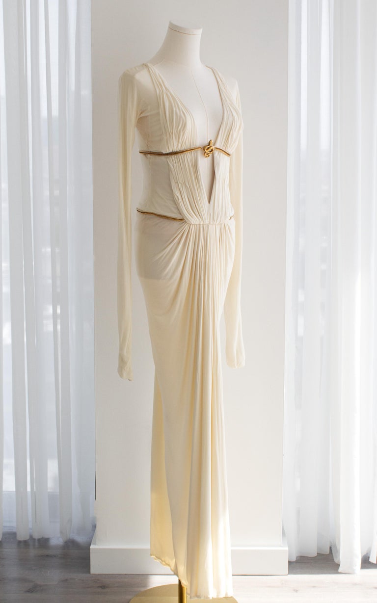 Roberto Cavalli Vintage F/W 2007 White Pleated Gold Snake Cleopatra Dress Gown Roberto Cavalli Vintage F/W 2007 White Pleated Gold Snake Cleopatra Dress Gown