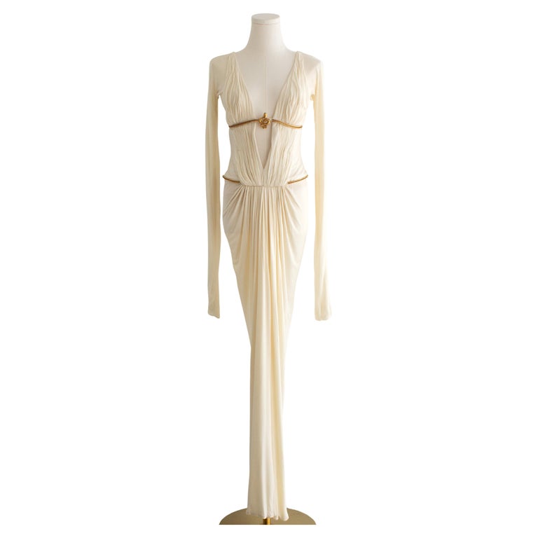 Roberto Cavalli Vintage F/W 2007 White Pleated Gold Snake Cleopatra Dress  Gown at 1stDibs