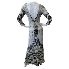 Roberto Cavalli Vintage Feather Print Evening Dress with Plunging Lace Up Back